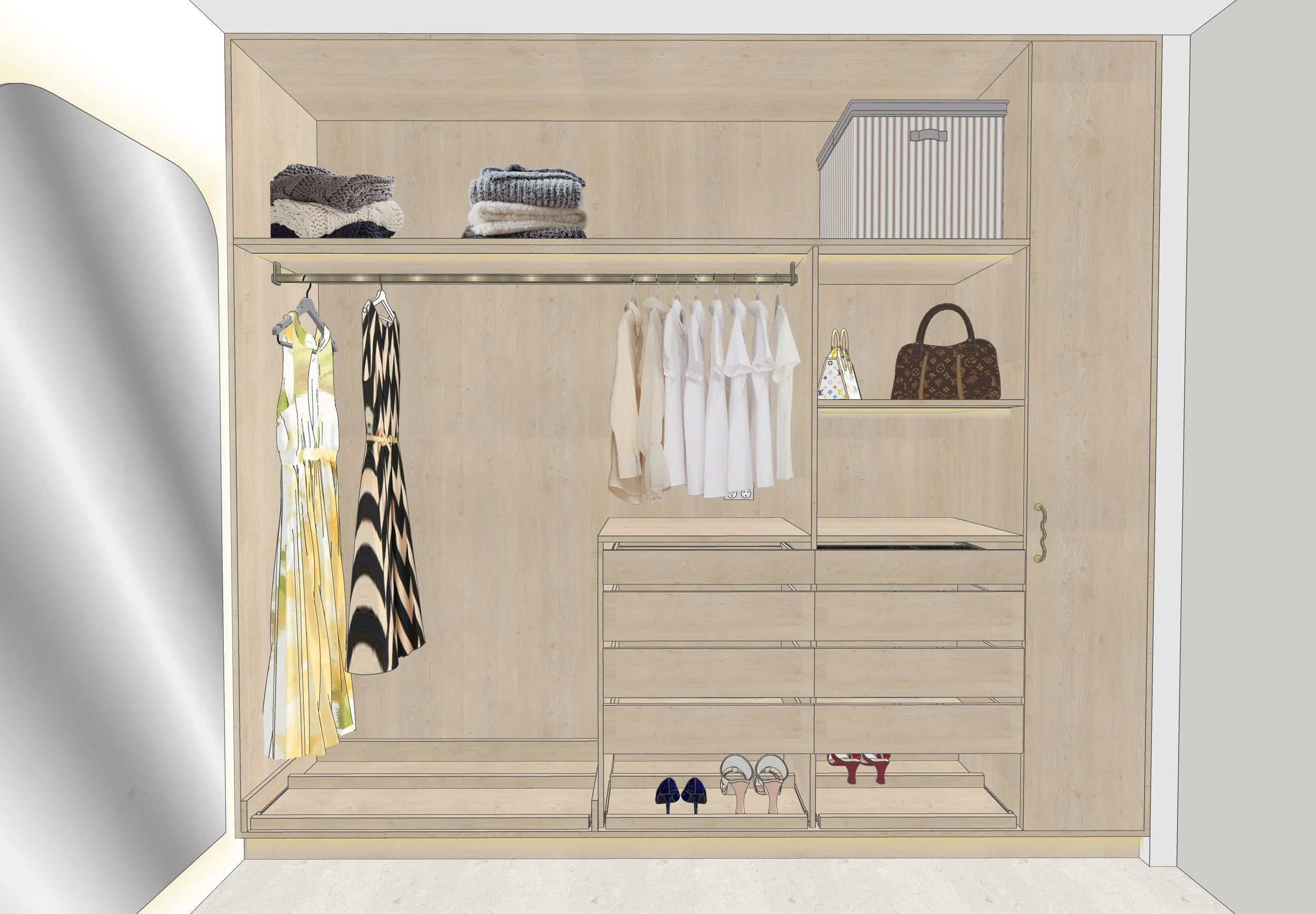 Minimal light-timber walk-in robe with drawers, shelves, and a full-height mirror