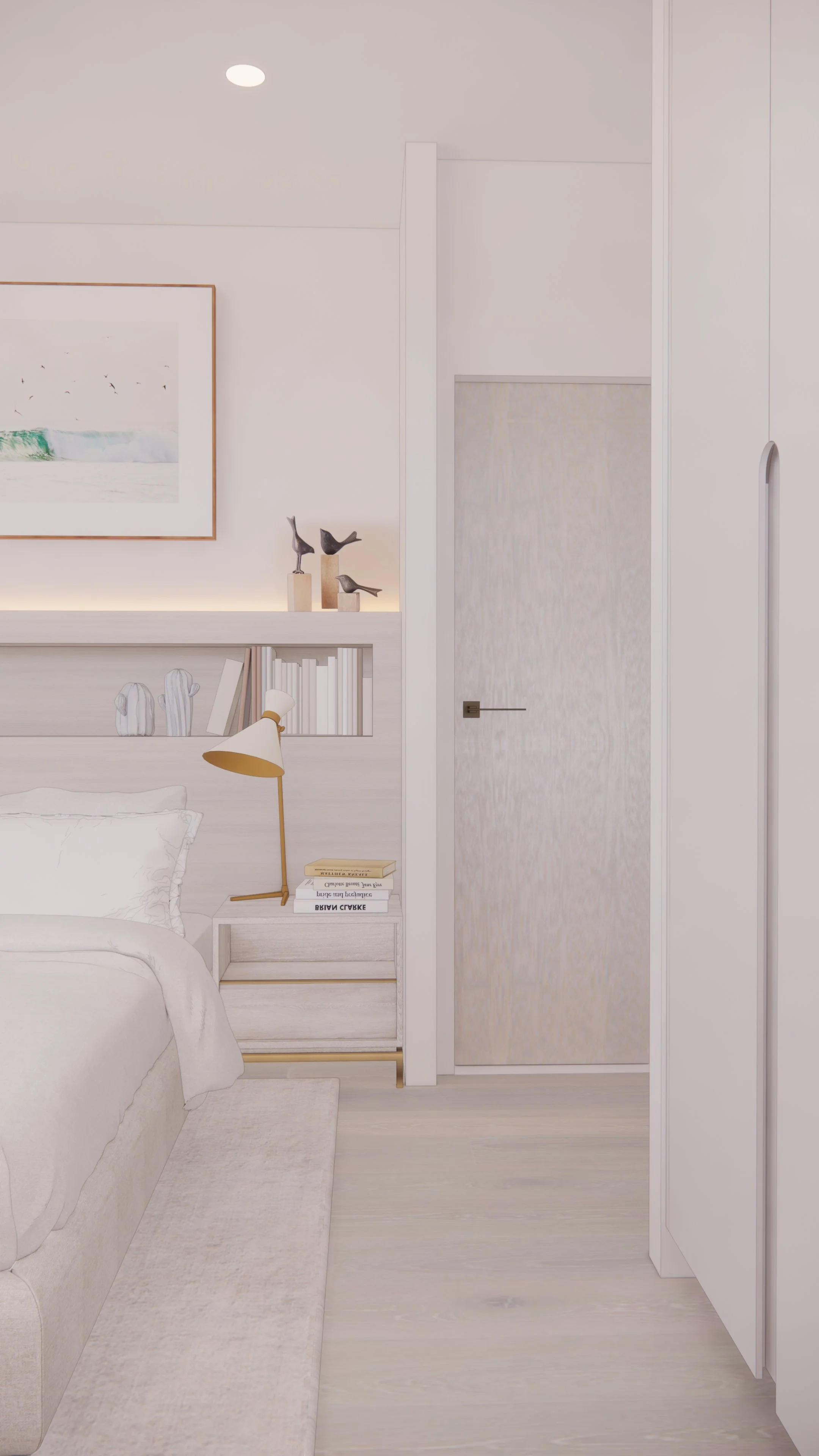 Guest bedroom in neutral tones with soft textures and minimal styling — Auriga Residence by TID Studio, Brisbane