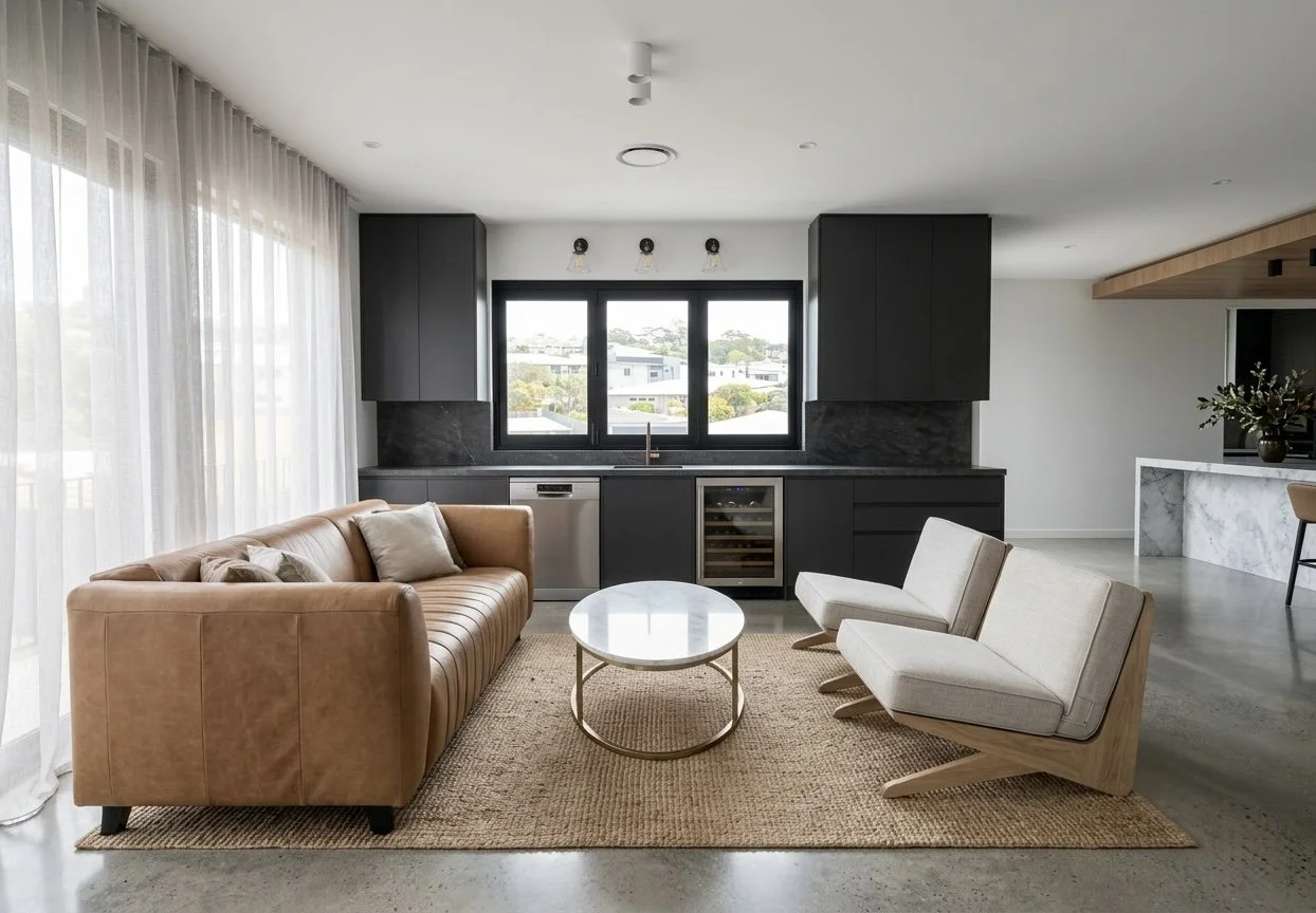Modern black-and-oak kitchen design with stone island and timber ceiling feature, home bar with seating — Brisbane interior design
