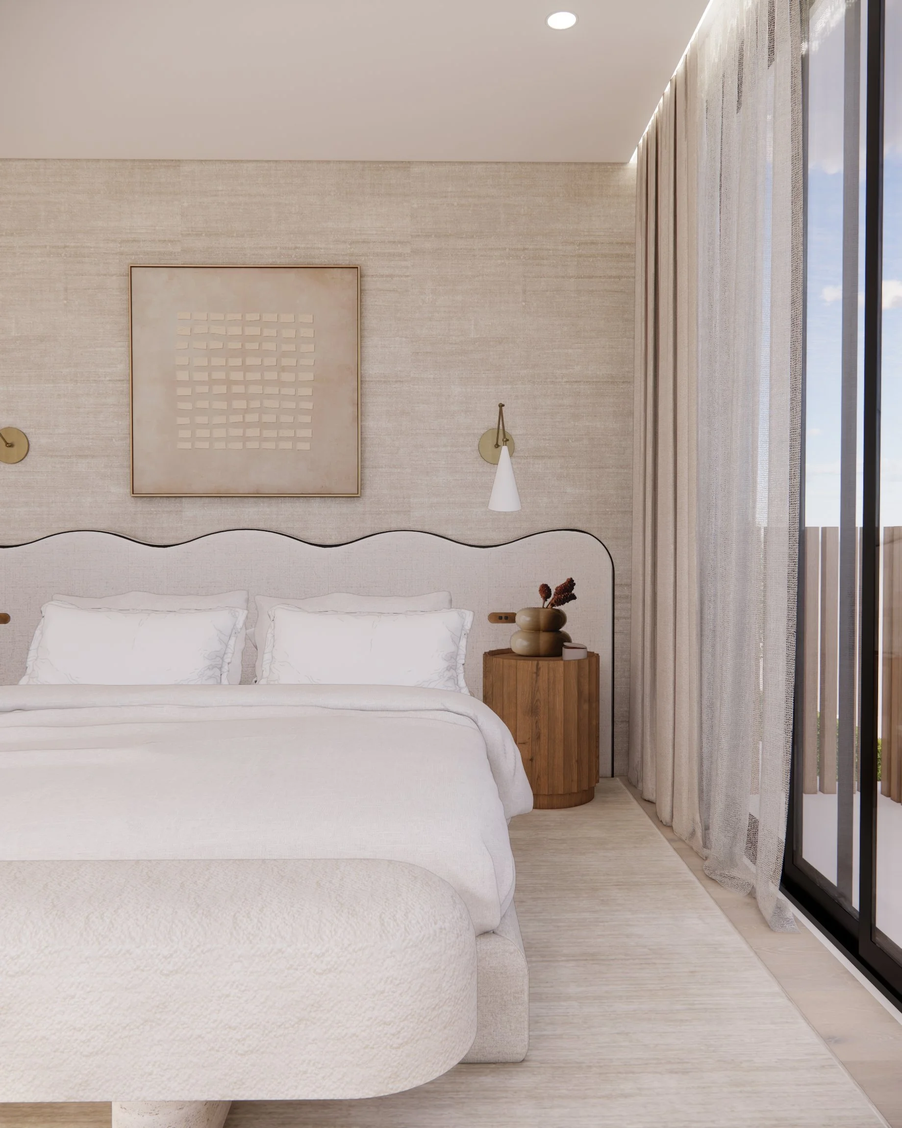 Soft neutral primary bedroom with custom curved headboard, sheer drapery, and warm minimal styling designed by TID Studio in Sydney