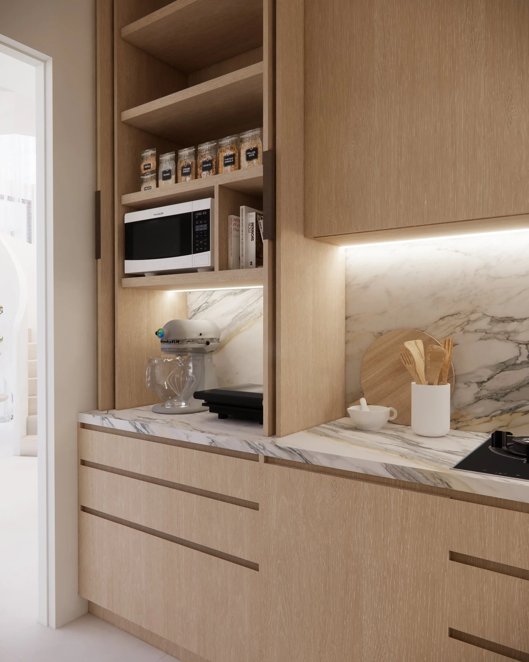 Sculptural kitchen, pantry with Calacatta Viola marble island, light timber joinery, and brass wall lights in a contemporary Sydney home
