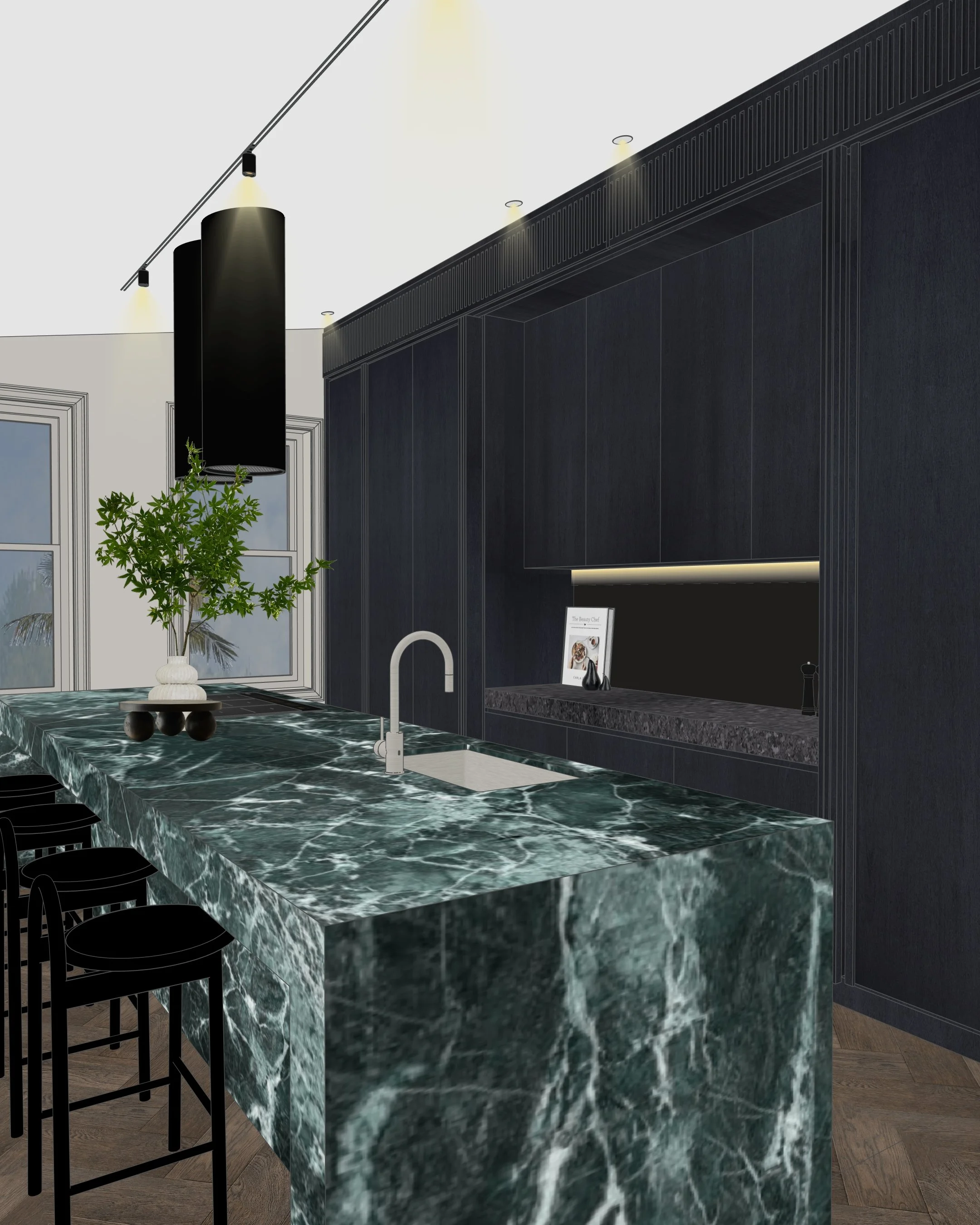Contemporary kitchen with dramatic green marble island and dark joinery in renovated Sydney terrace