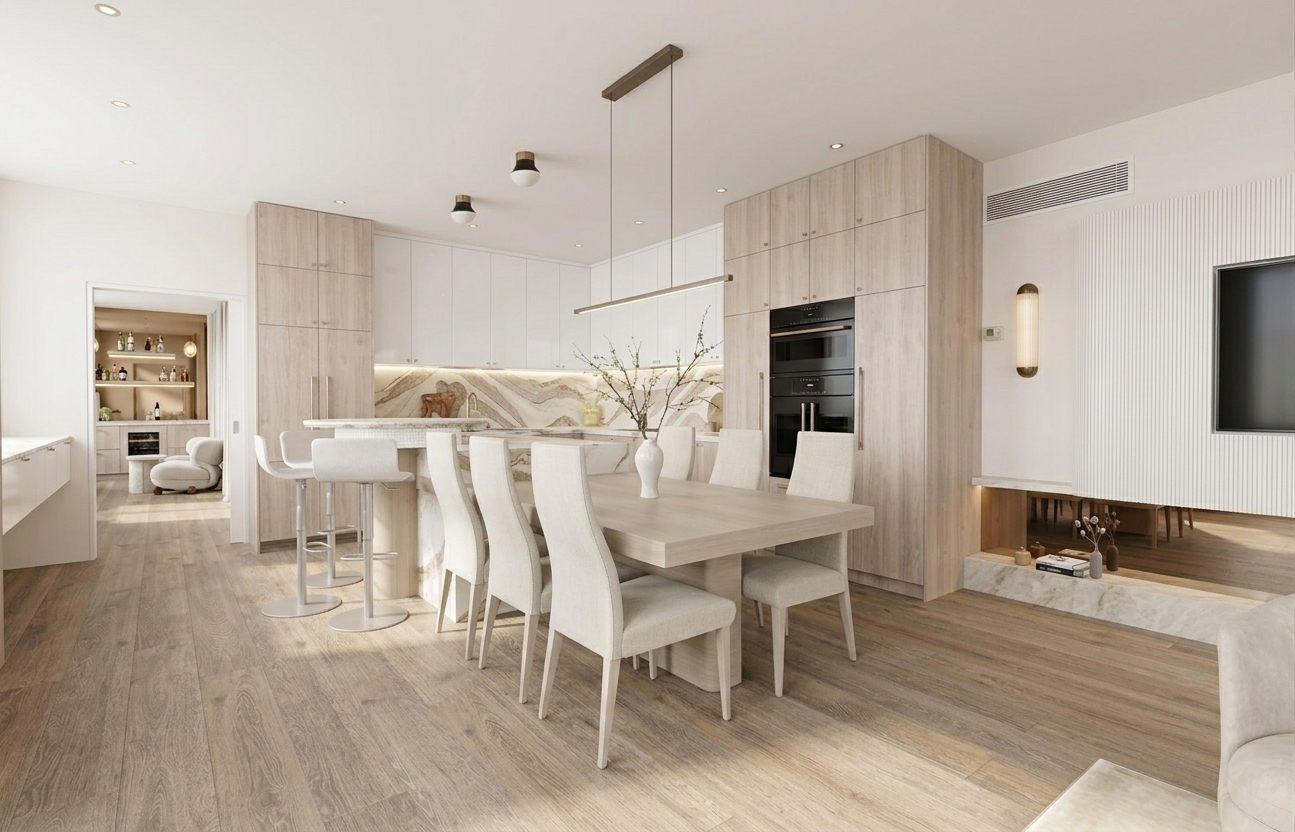 Modern kitchen, stone island with timber dinging table and bar, condo remodel in Miami, designed by TID Studio