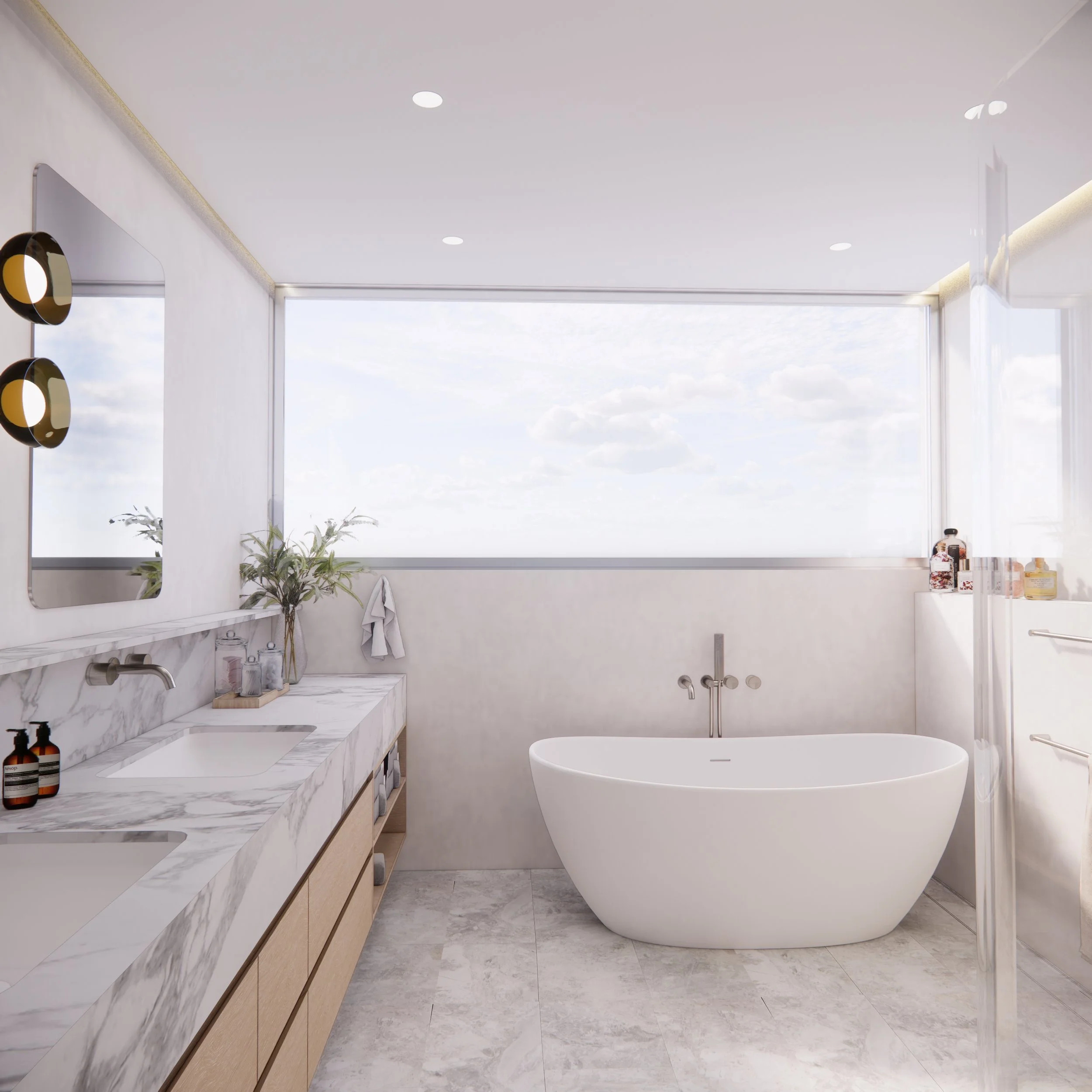 A serene, modern bathroom with marble surfaces and soft timber detailing, part of TID Studio’s Sydney renovation