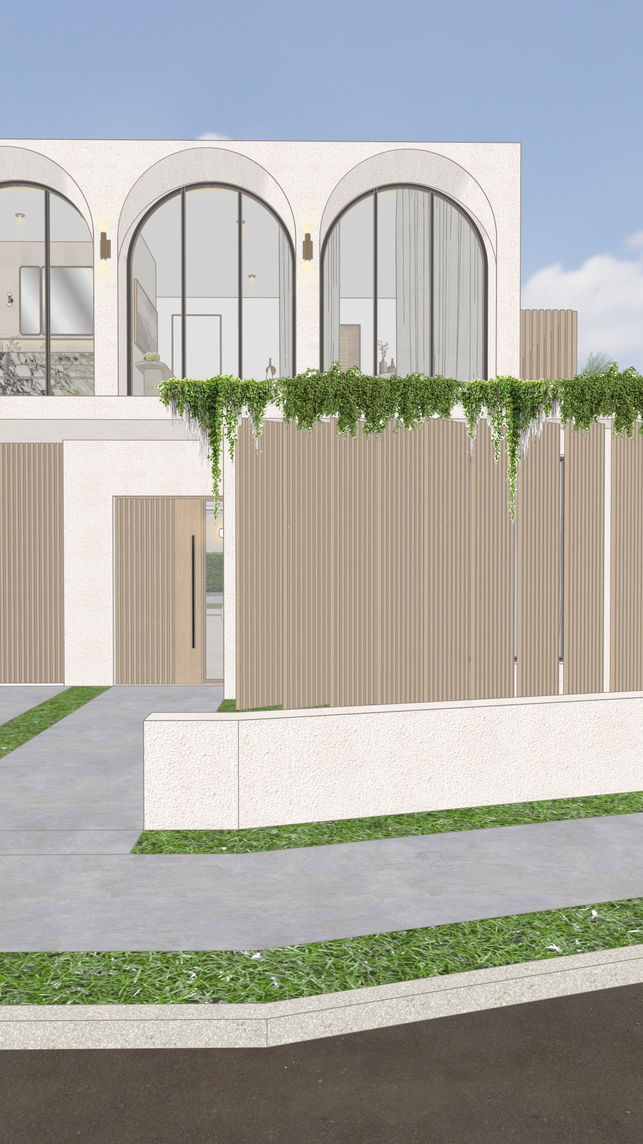 Contemporary facade with a touch of modern Parisian style, curved arches, light oak battens in a Sydney new-build