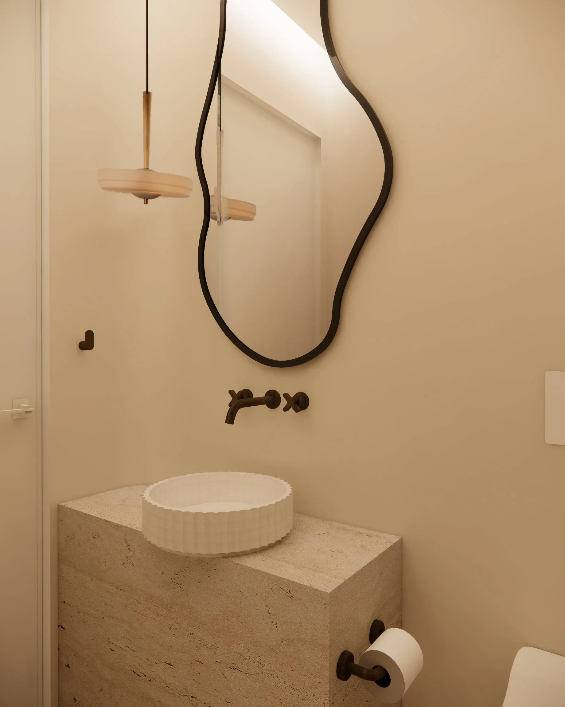Arched shower entry and patterned marble tiles in a sculptural powder room designed by TID Studio