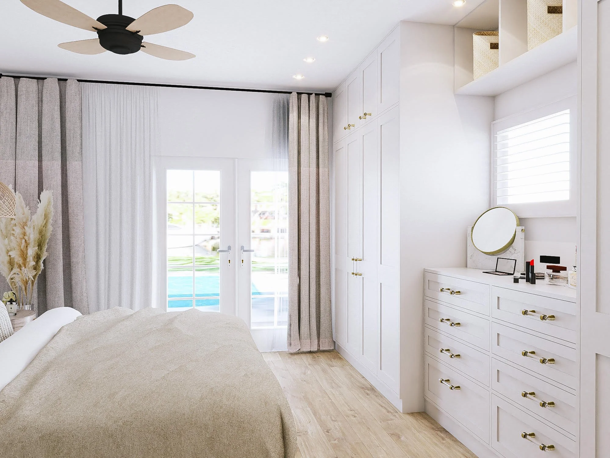 Hamptons-style master bedroom with tufted headboard and soft coastal palette, Fort Lauderdale