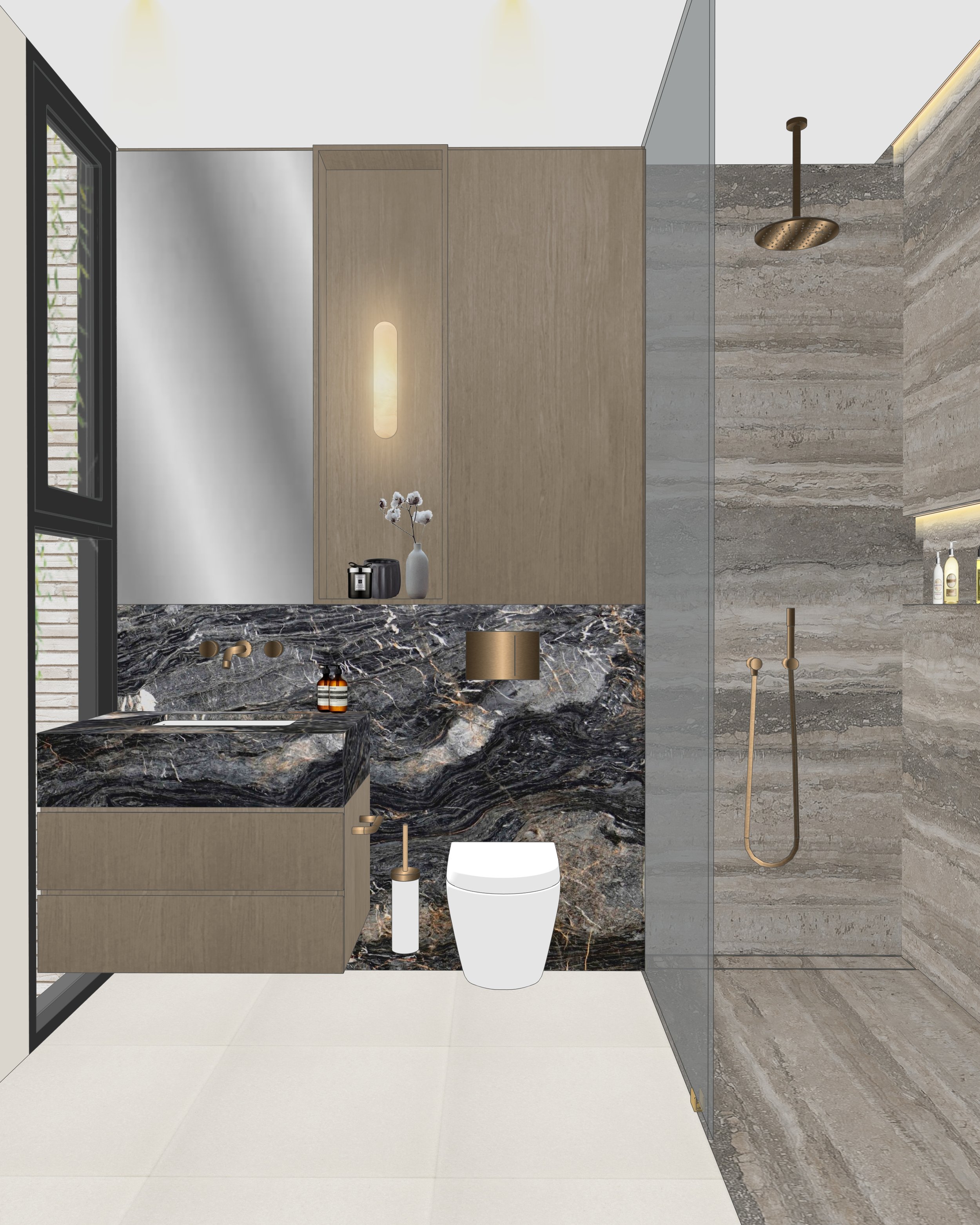 Bathroom with dark marble feature wall, floating vanity, and warm brass accents
