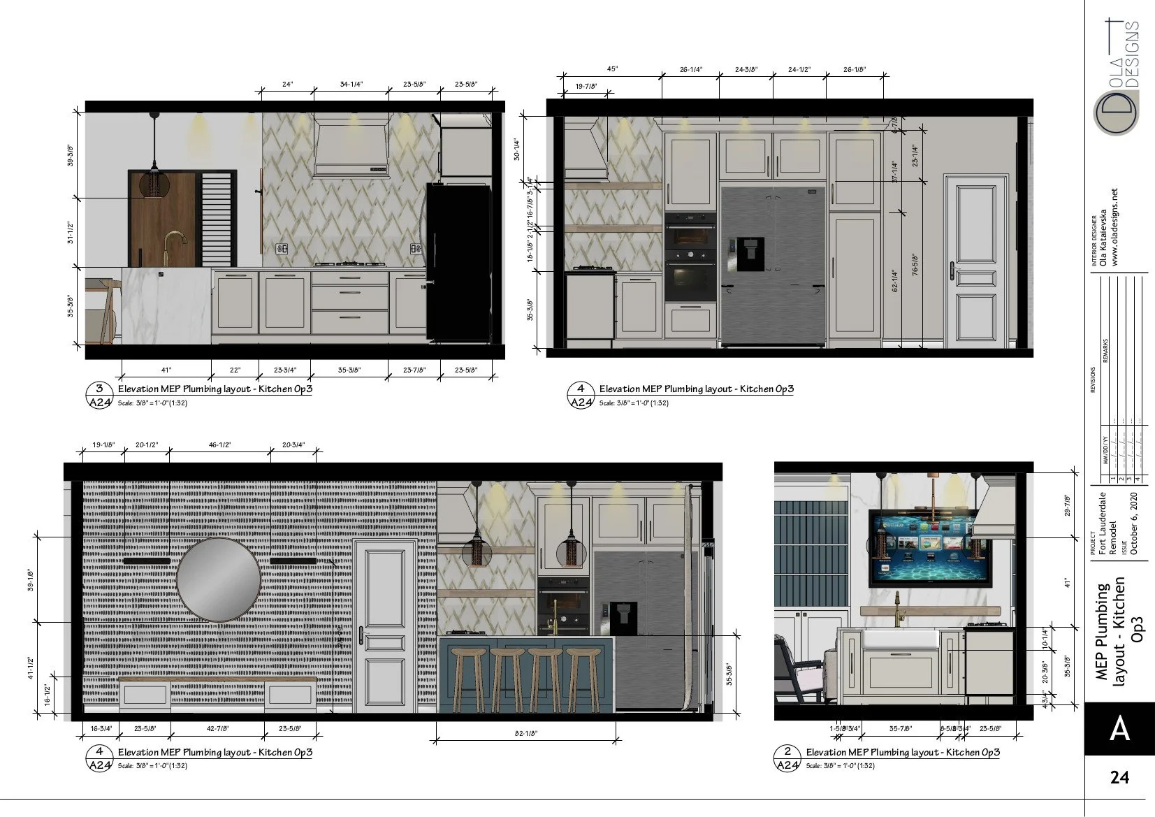 Hamptons-style open plan living room and kitchen, designed by TID Studio in Florida. Example Interiors Drawings Set