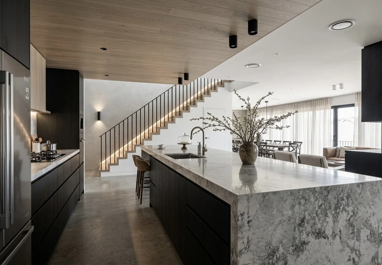 Modern black-and-oak kitchen design with stone island and timber ceiling feature — Brisbane interior design