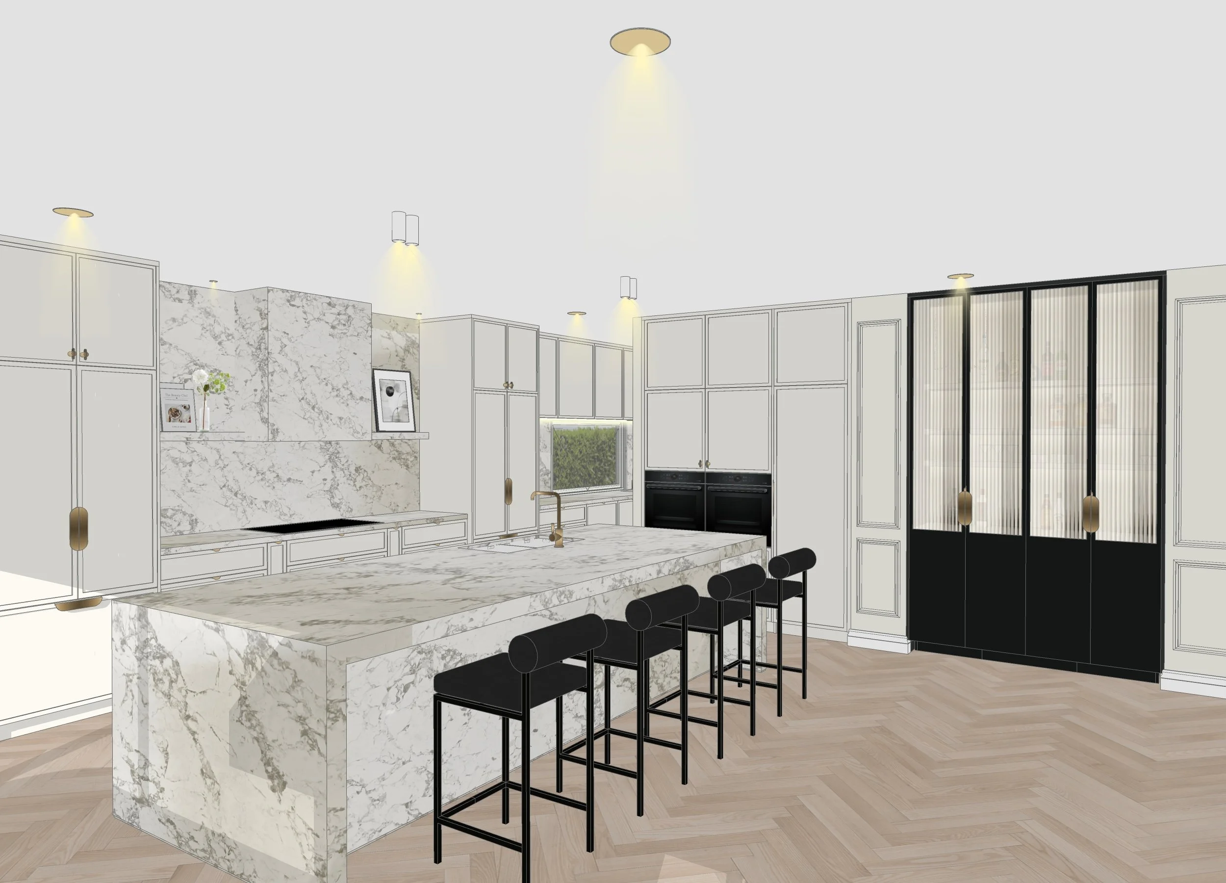 Modern Parisian-style kitchen with marble island and black bar stools in Melbourne new build