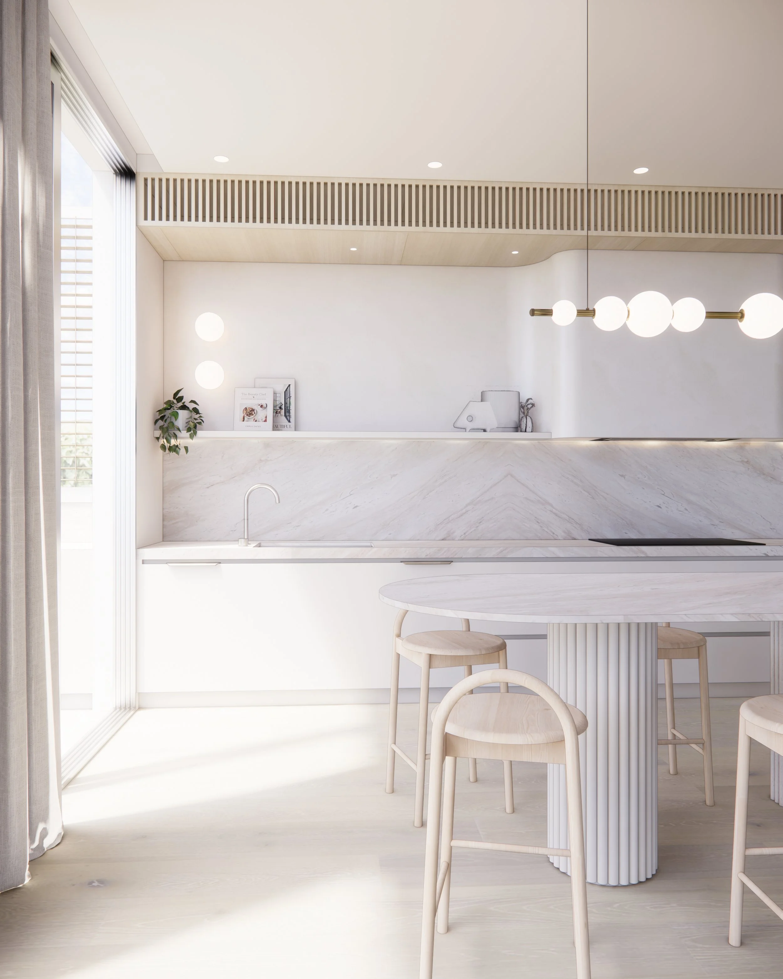 Contemporary soft-curved kitchen with fluted island, light timber cabinetry, and sculptural rangehood in a minimal-luxe Melbourne home.