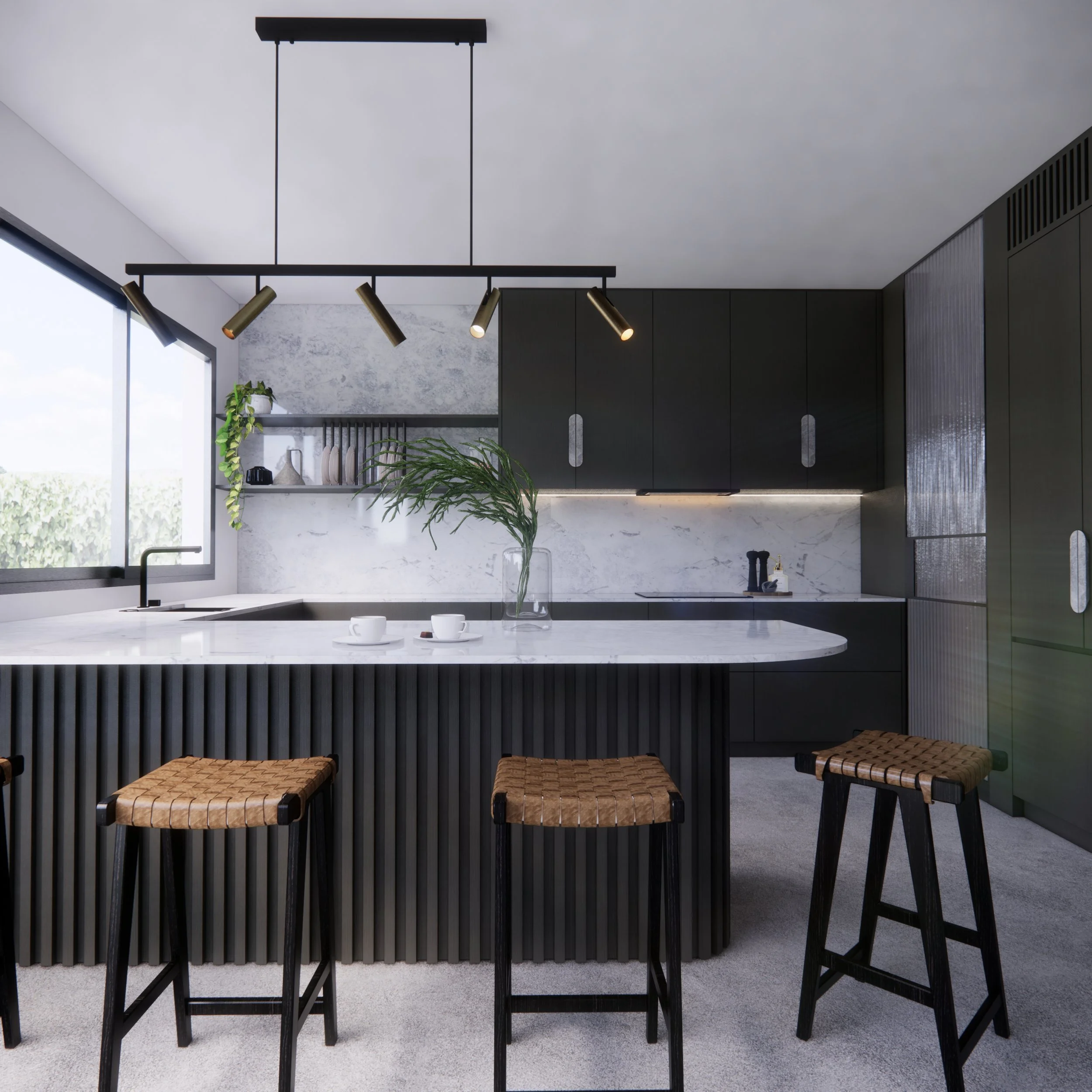 Fluted kitchen island with stone countertop in modern family home