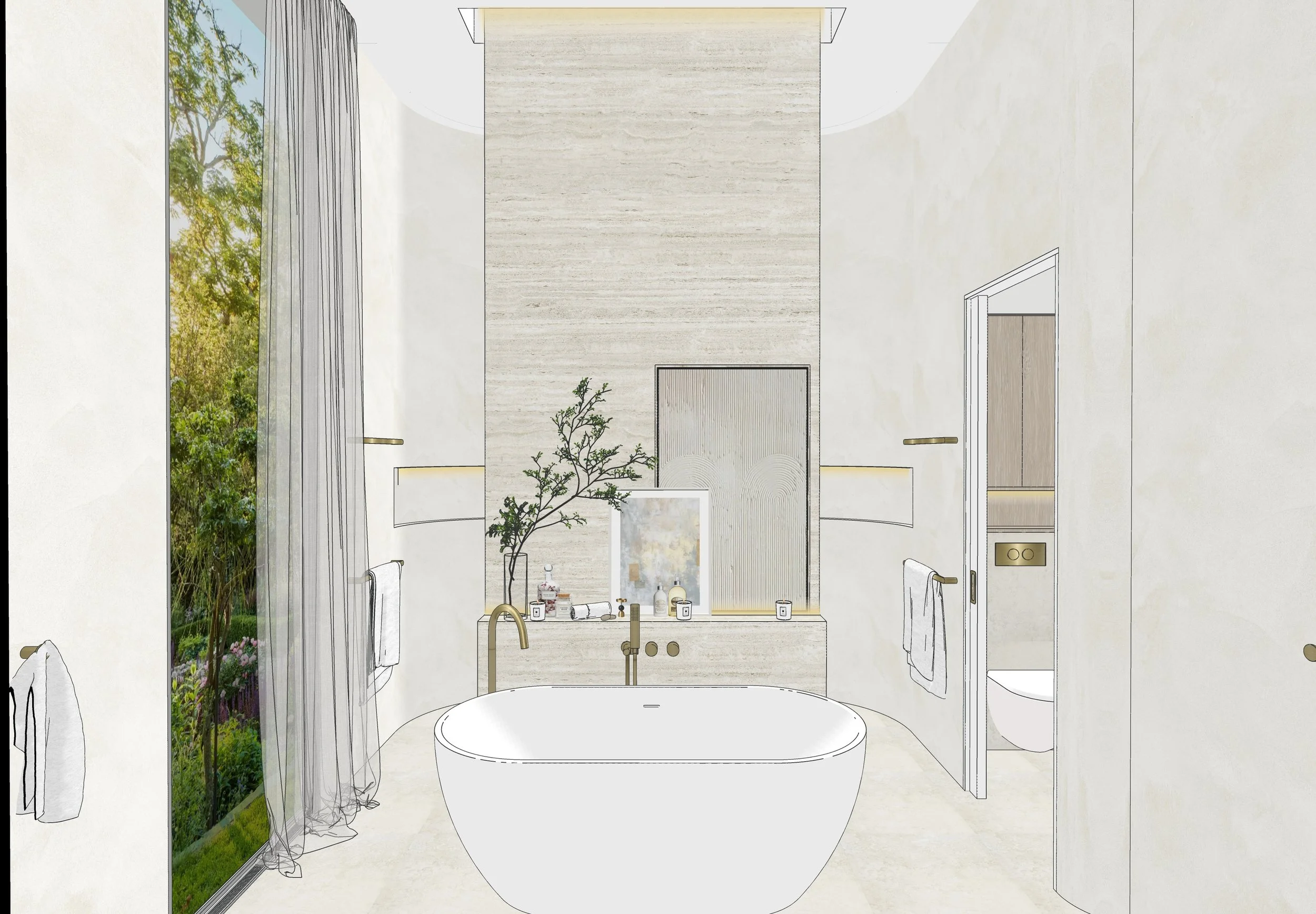 Neutral coastal ensuite with freestanding bath, travertine feature ledge, soft render walls and brushed brass tapware