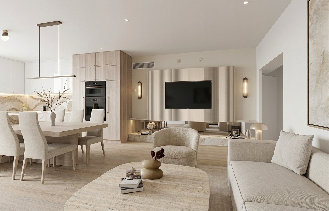 Oceanfront Miami condo living room with soft neutral furnishings and minimal luxe styling, designed by TID Studio 