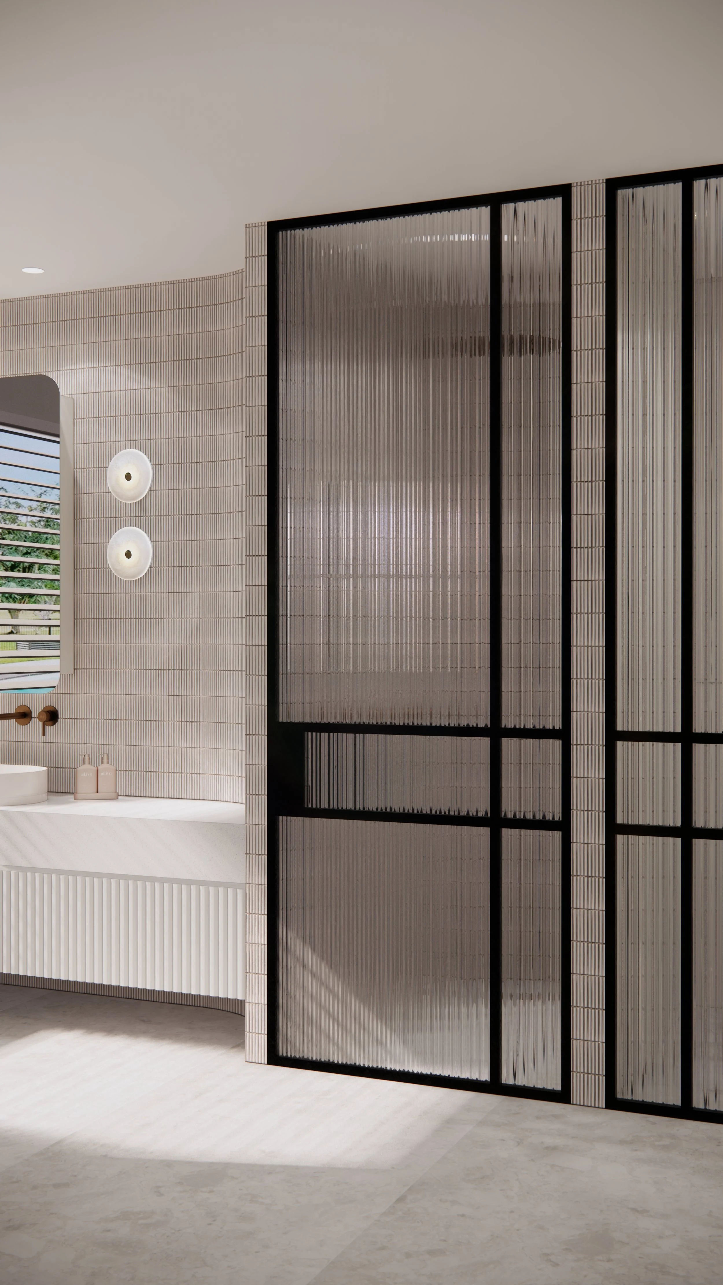 Fluted glass shower screen with pivot door and curved tiled shower wall in a Brisbane bathroom