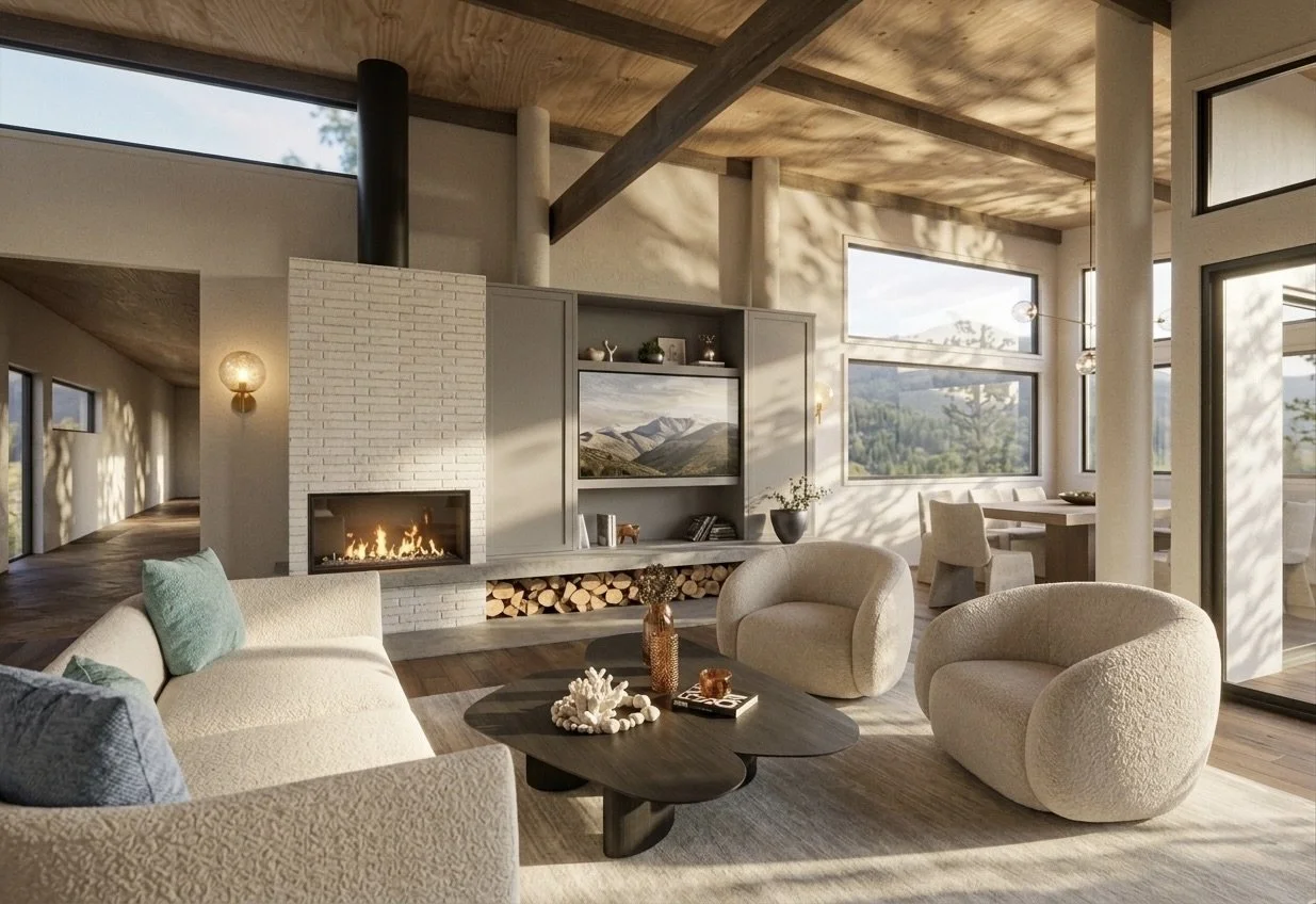 Open-plan living overlooking mountain views with sculptural furniture and warm-toned styling