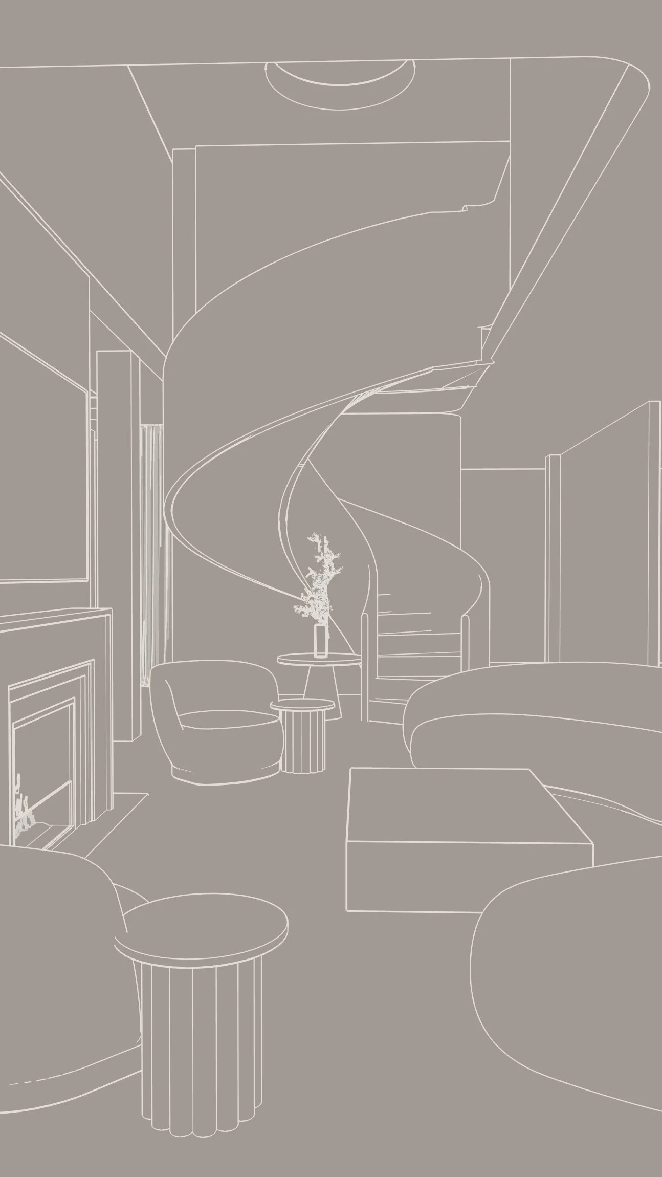 Contemporary living room with marble fireplace, curved staircase, and oversized neutral seating in a Sydney new-build