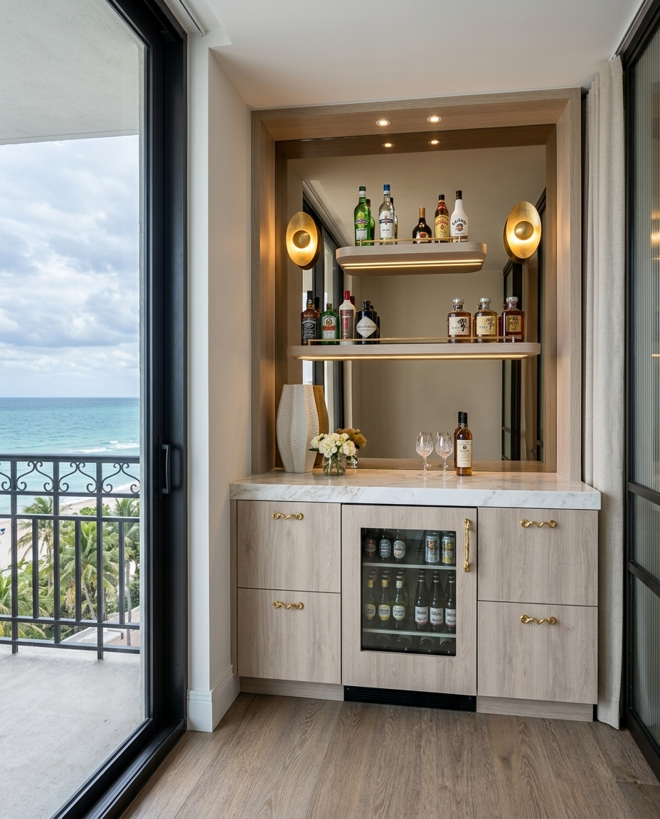 Modern kitchen, stone island with timber dinging table and bar, condo remodel in Miami, designed by TID Studio 
