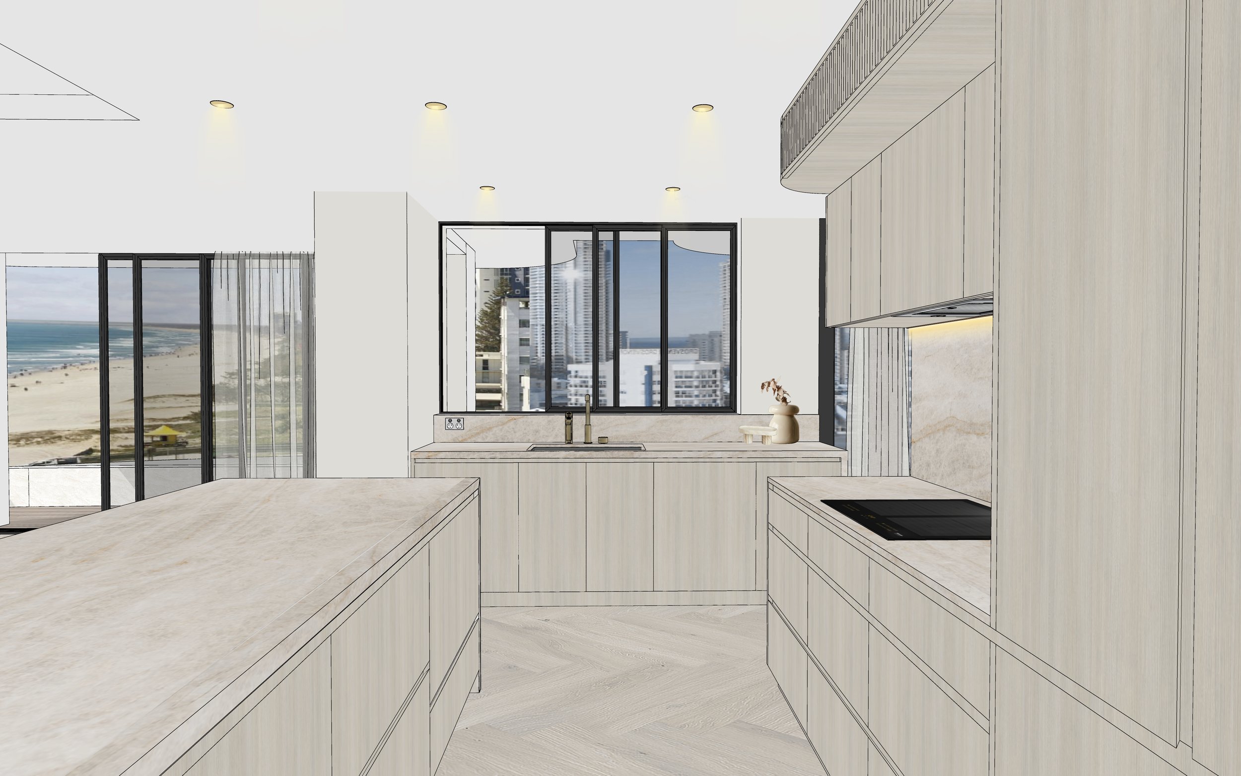 Soft neutral kitchen with ocean views and minimalist joinery by TID Studio