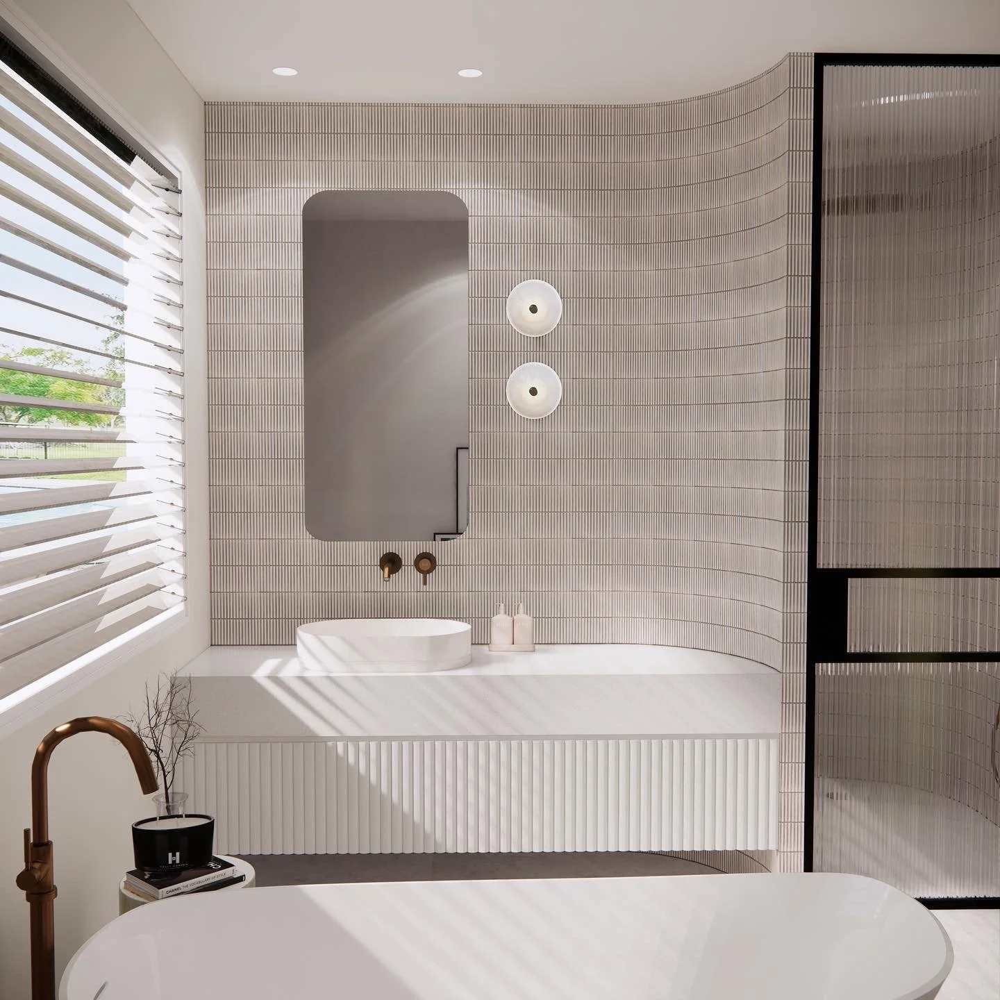Fluted glass shower screen with pivot door and curved tiled shower wall in a Brisbane bathroom