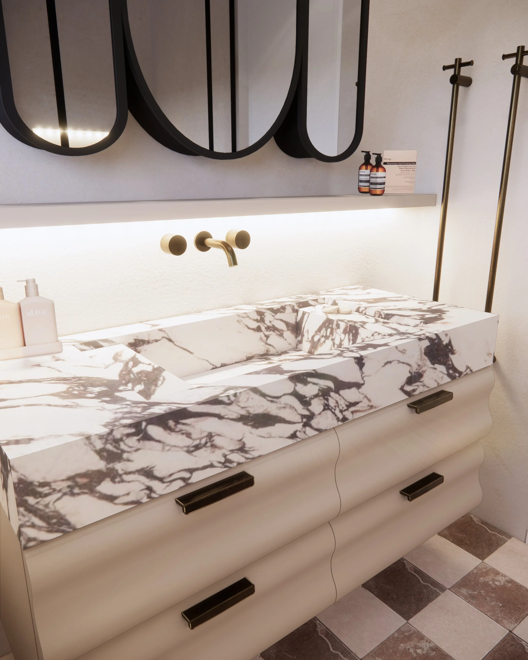 Primary ensuite with checker tiles, double vanity and curved walls in Melbourne apartment renovation
