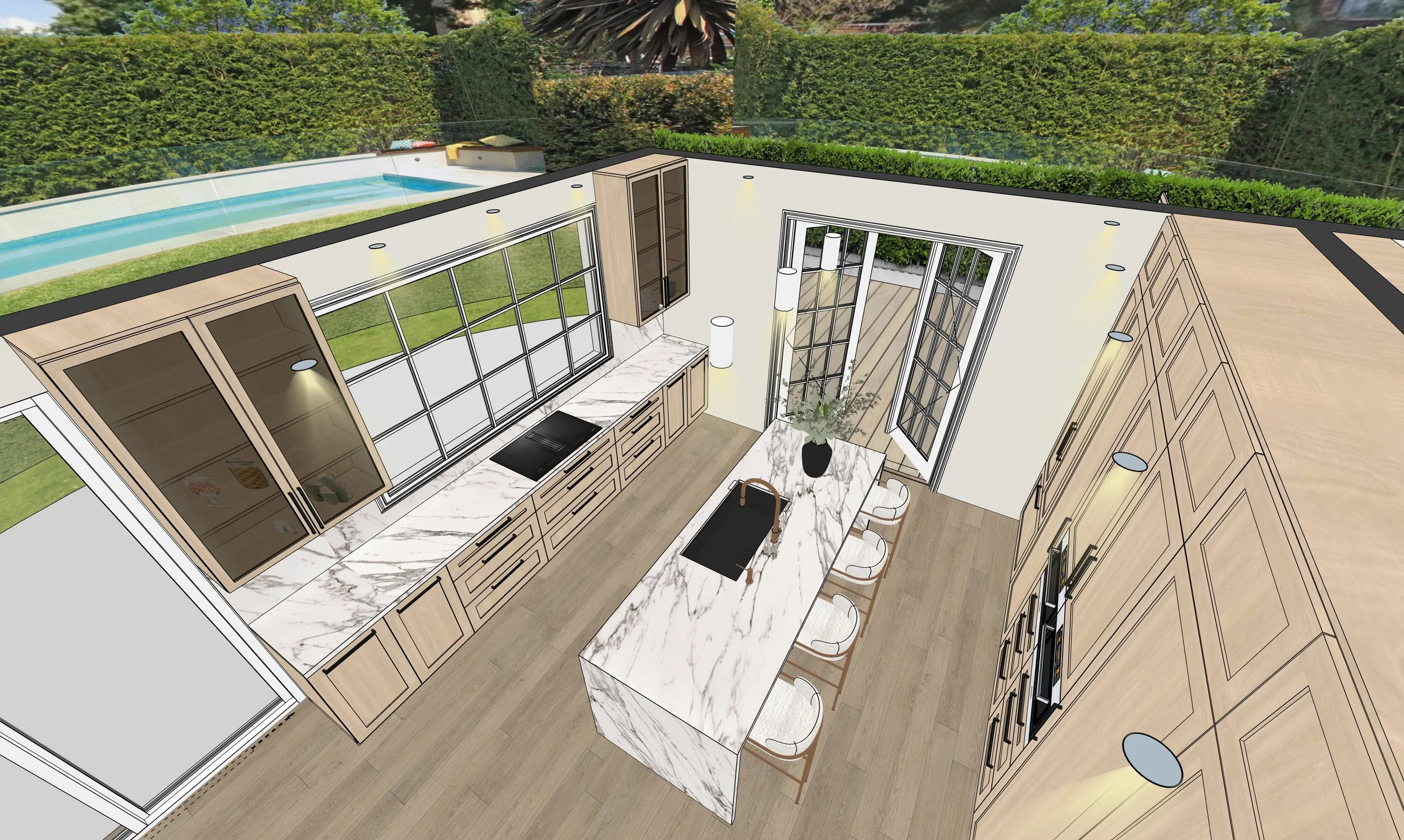 Virtual interior design of the kitchen design presentation revision session by TID Studio. 3-D model of the kitchen.