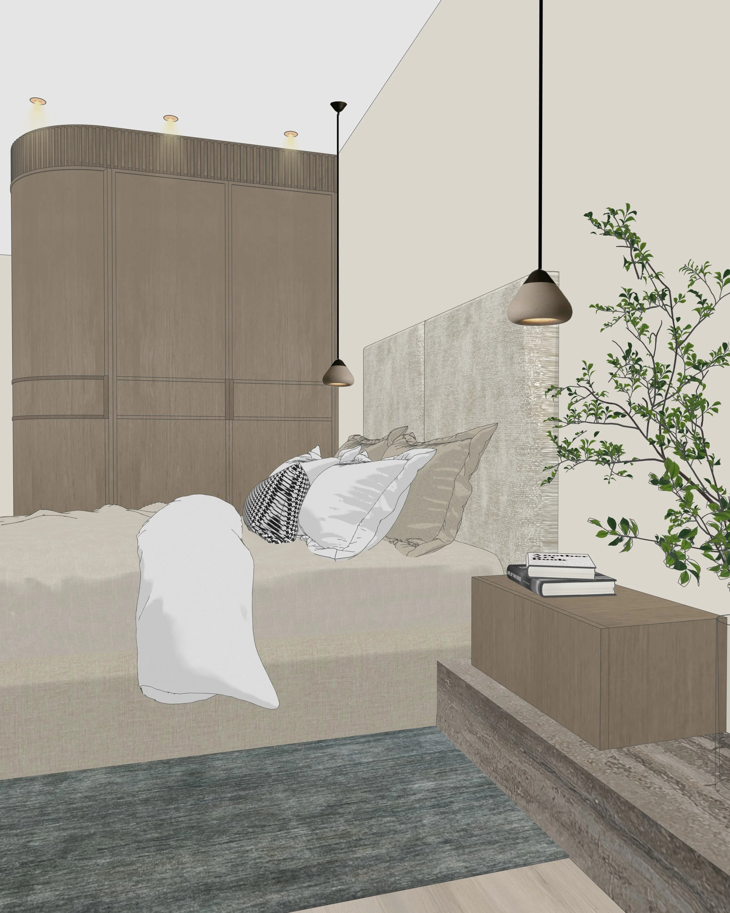 Neutral guest bedroom with textured upholstered bed, sculptural stone side table, and organic lighting