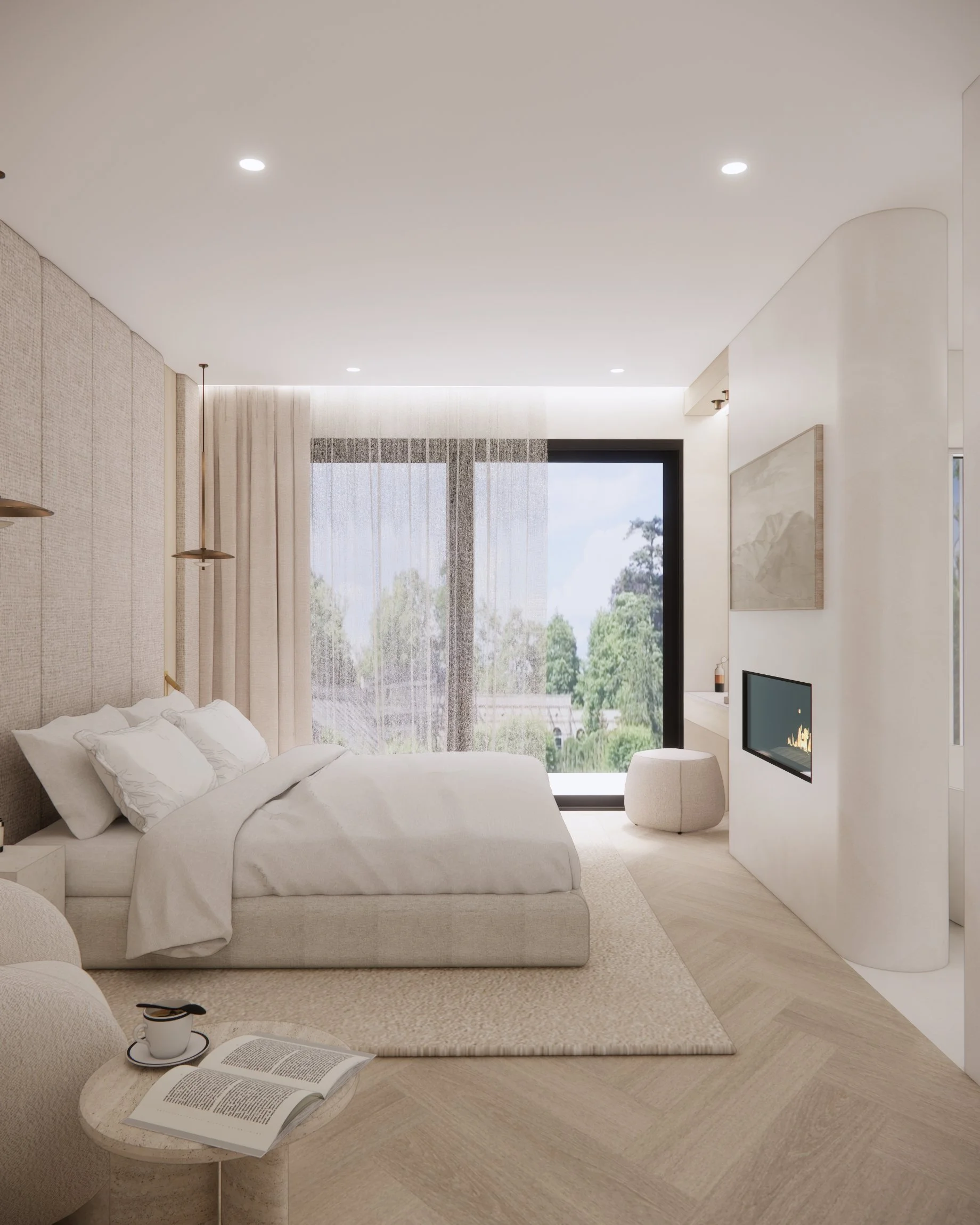 Serene master suite featuring curved fireplace wall, soft neutral palette, and layered textures