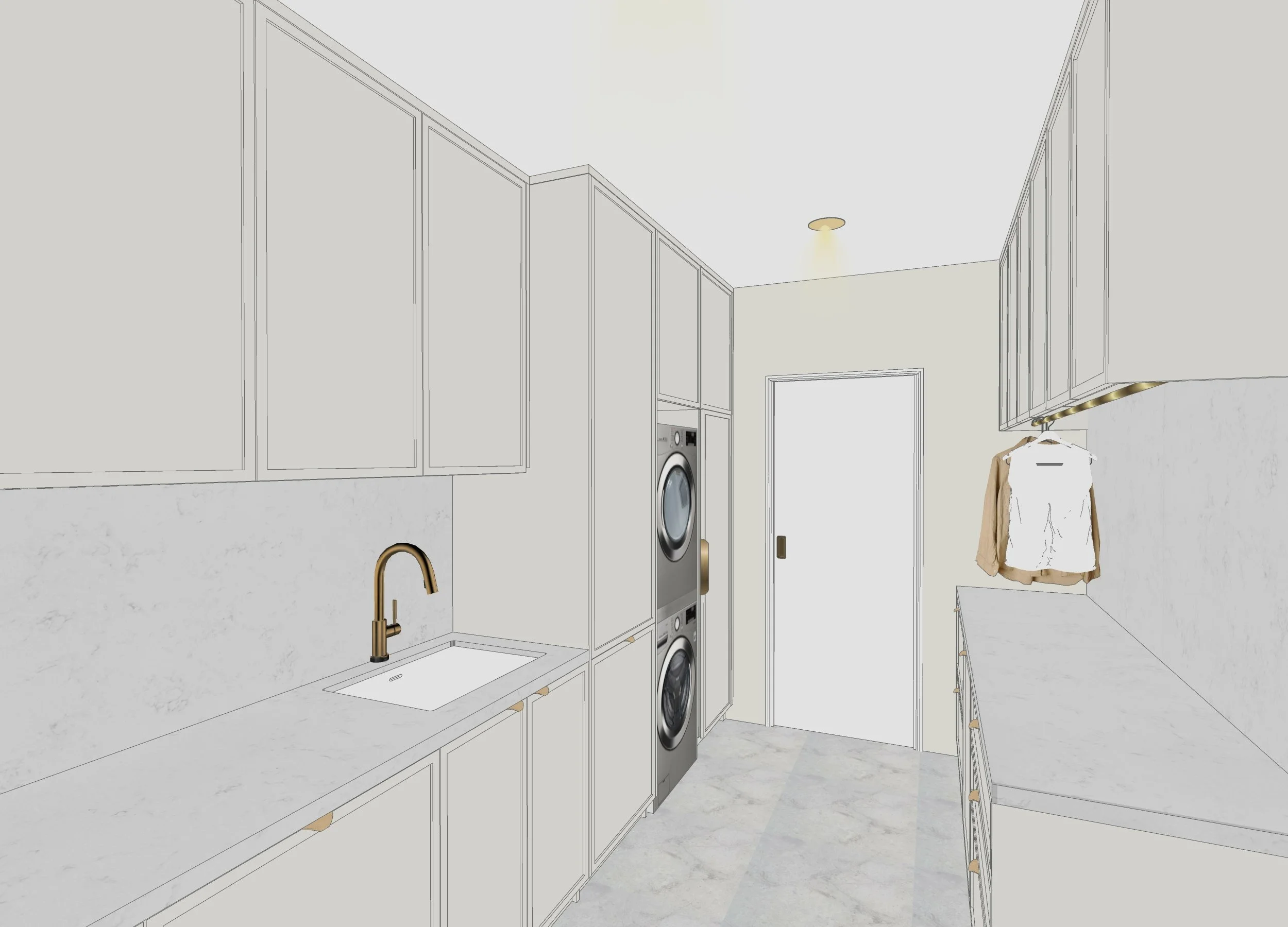Laundry with warm timber joinery and stone bench in Melbourne renovation