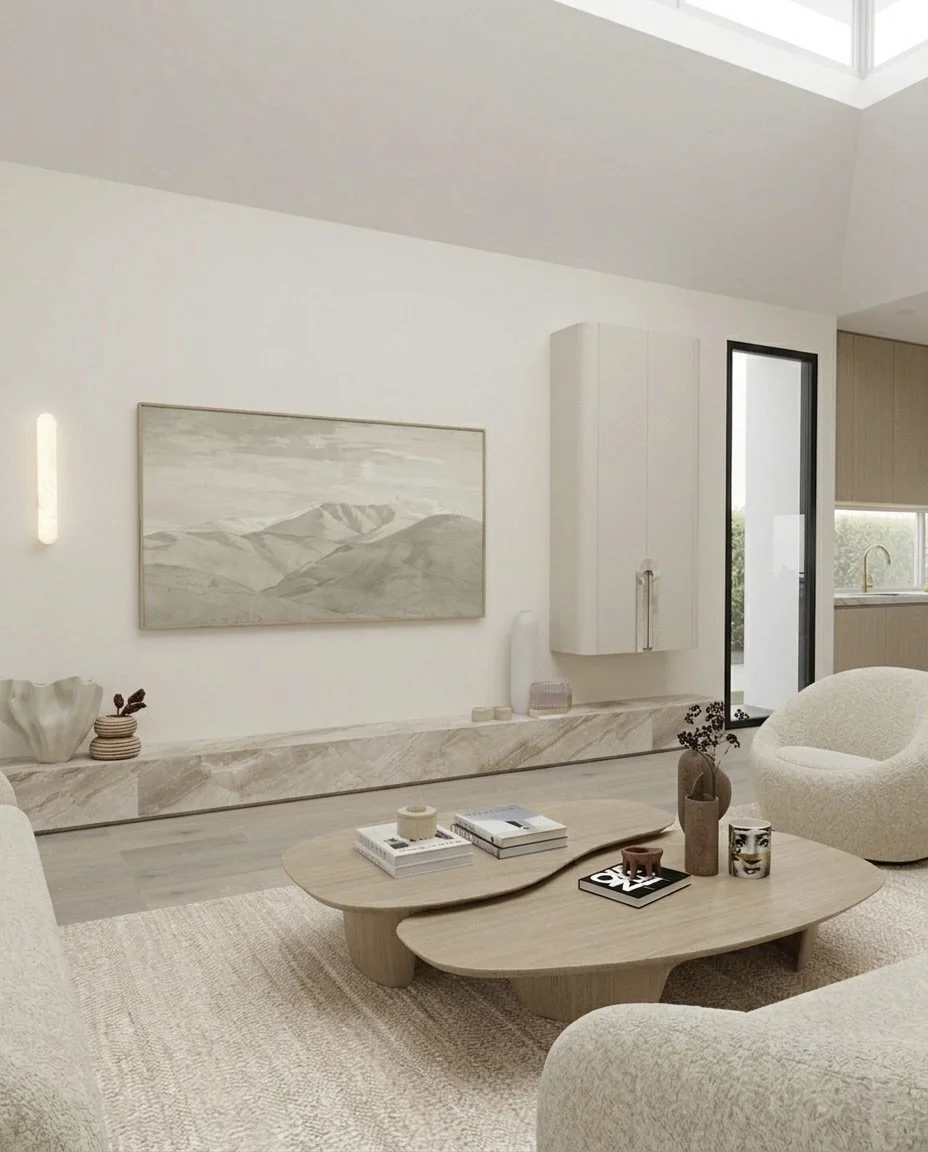 Modern open space kitchen, living room with bar cabinet, bronze fixtures and contemporary lighting, designed by TID Studio