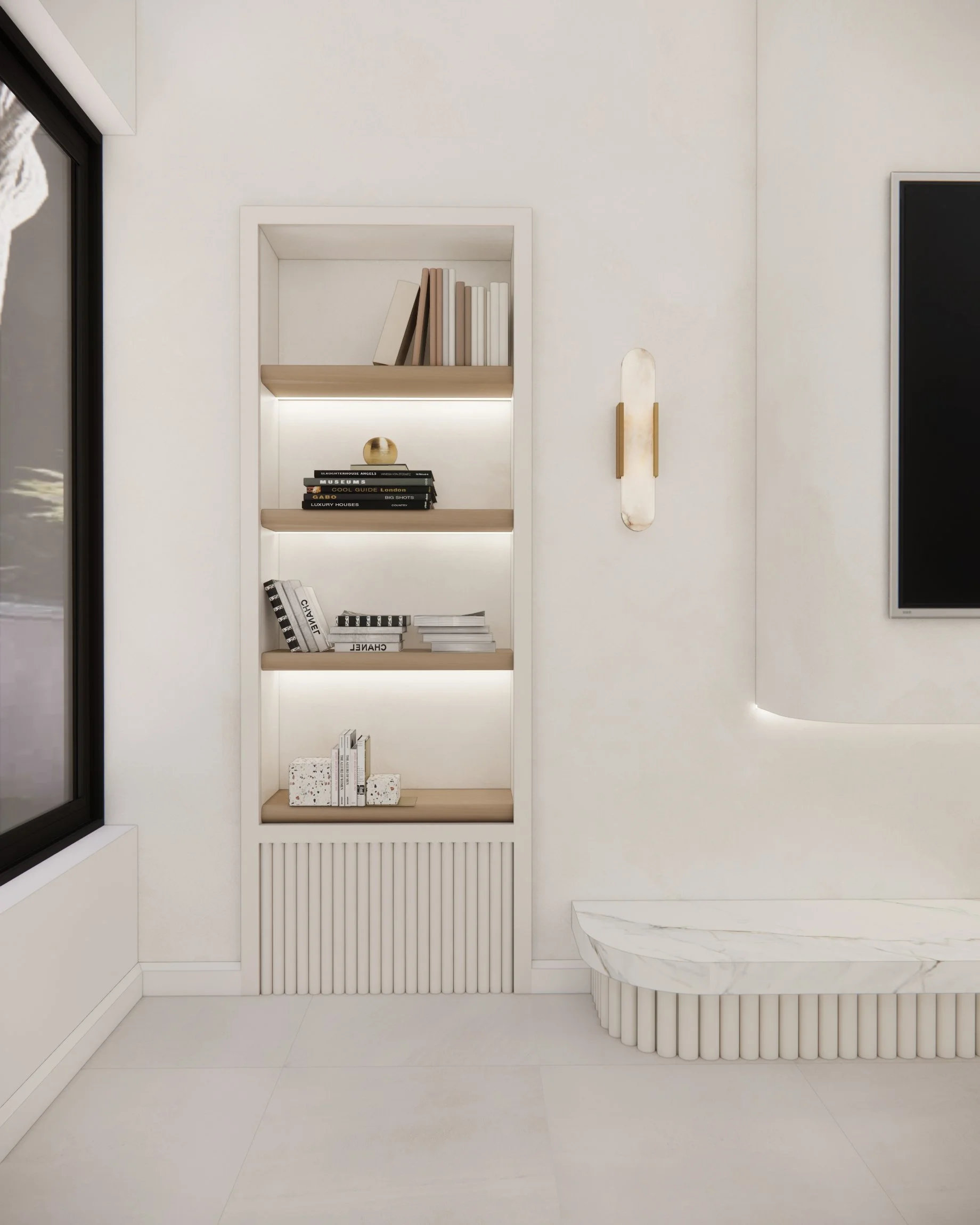 Built-in bookcase with ribbed detailing beside curved plaster fireplace in Florida family home