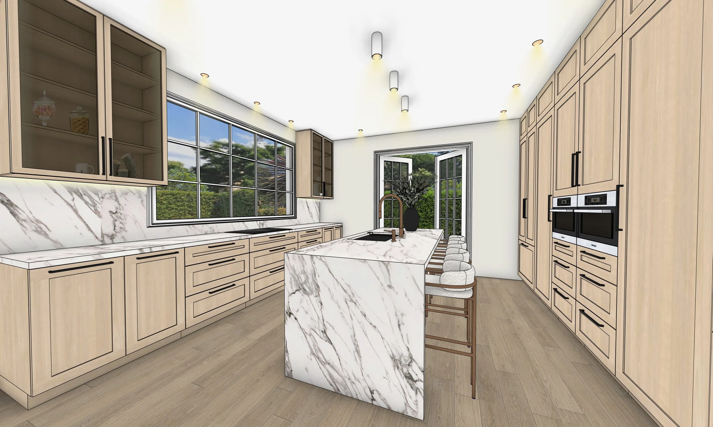 Modern farmhouse kitchen with oak cabinetry, natural stone island and brushed brass details designed by TID Studio in Brisbane