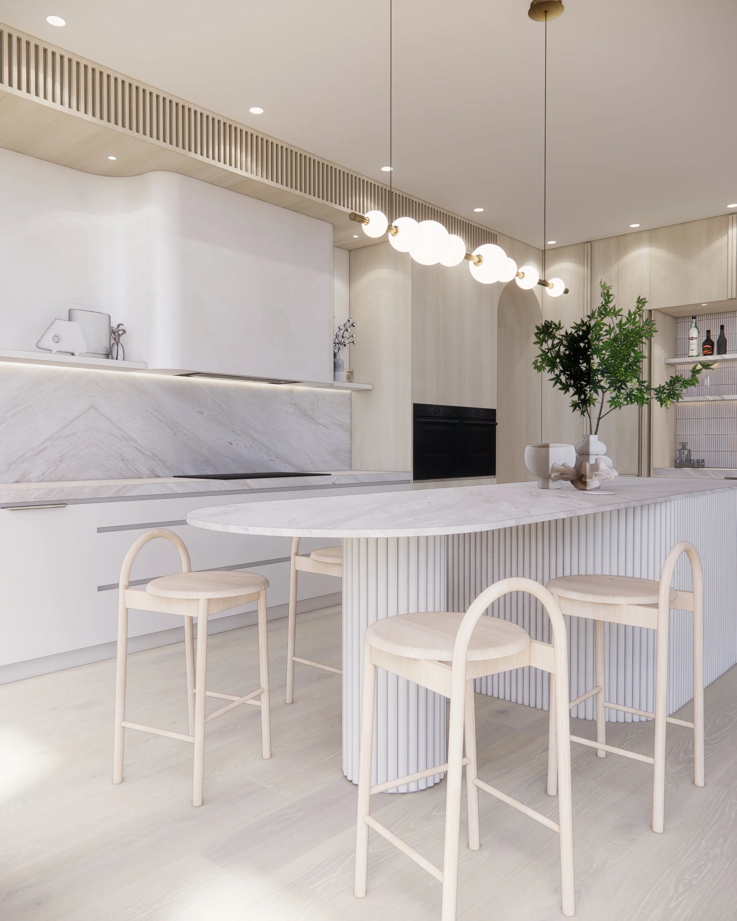 Contemporary soft-curved kitchen with fluted island, light timber cabinetry, and sculptural rangehood in a minimal-luxe Melbourne home.