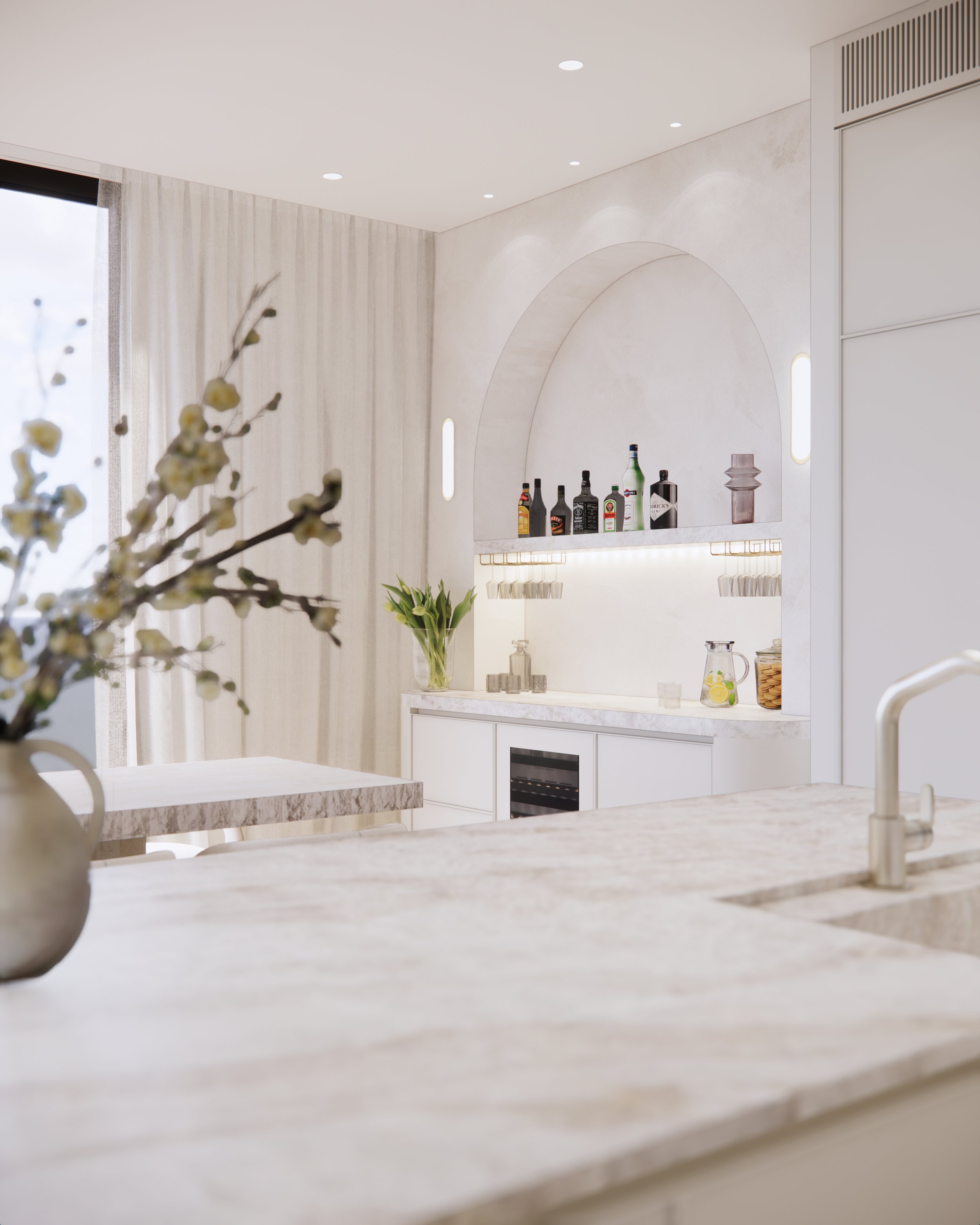 Curved bar alcove with arched detailing, backlit shelving, and stone benchtop