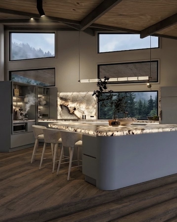 Contemporary timber kitchen with sculpted stone island overlooking mountain views — modern mountain chalet renovation, interior design by TID Studio