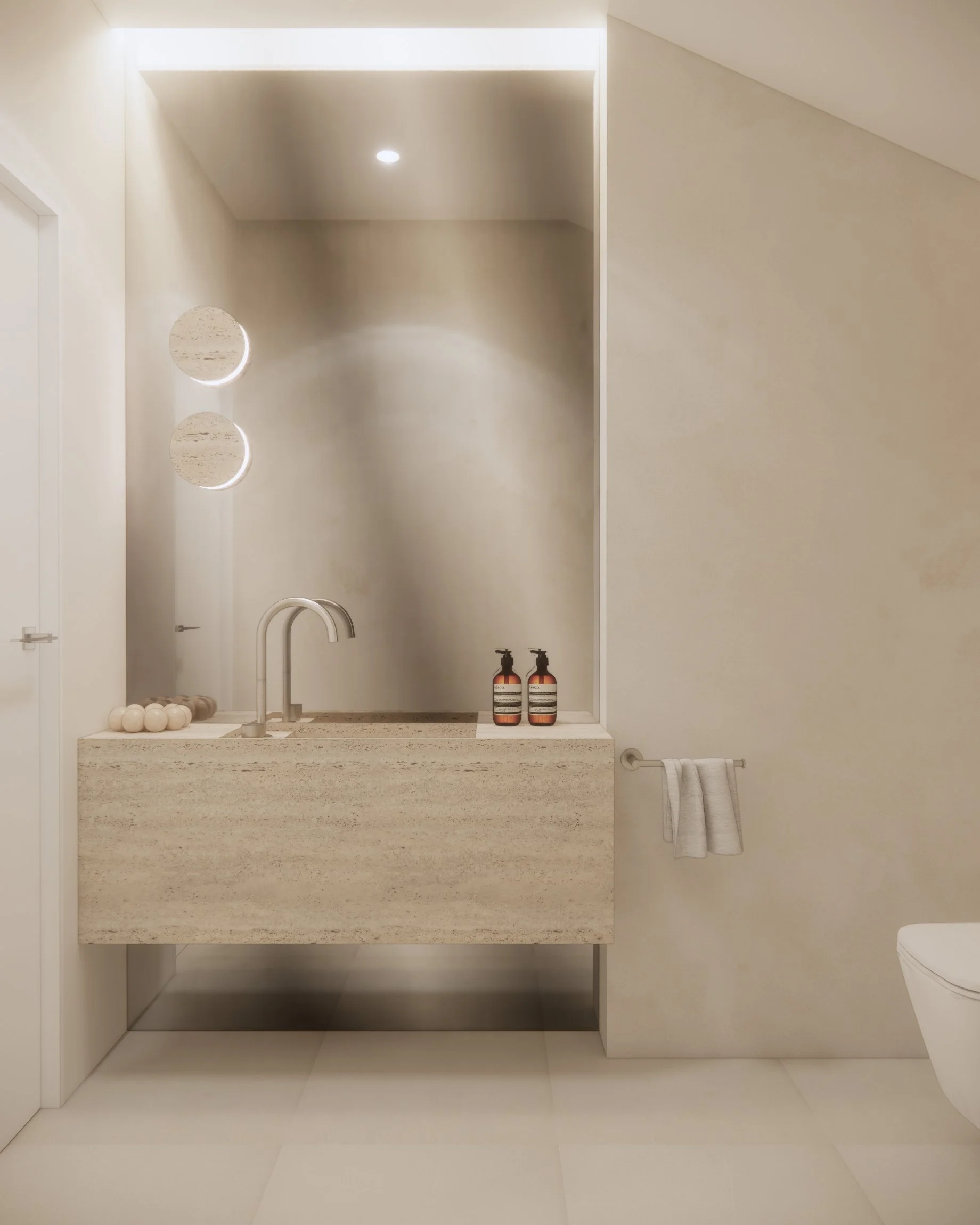 Concept sketch of a curved floating stone vanity with large mirror and wall-mounted tapware