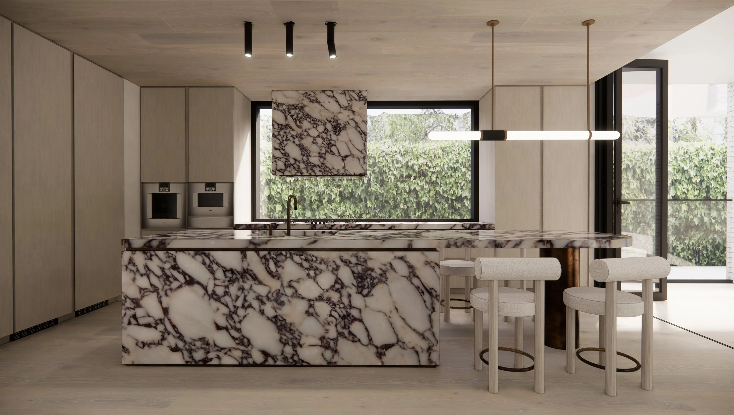 Kitchen design featuring Calacatta Viola stone island and warm timber cabinetry