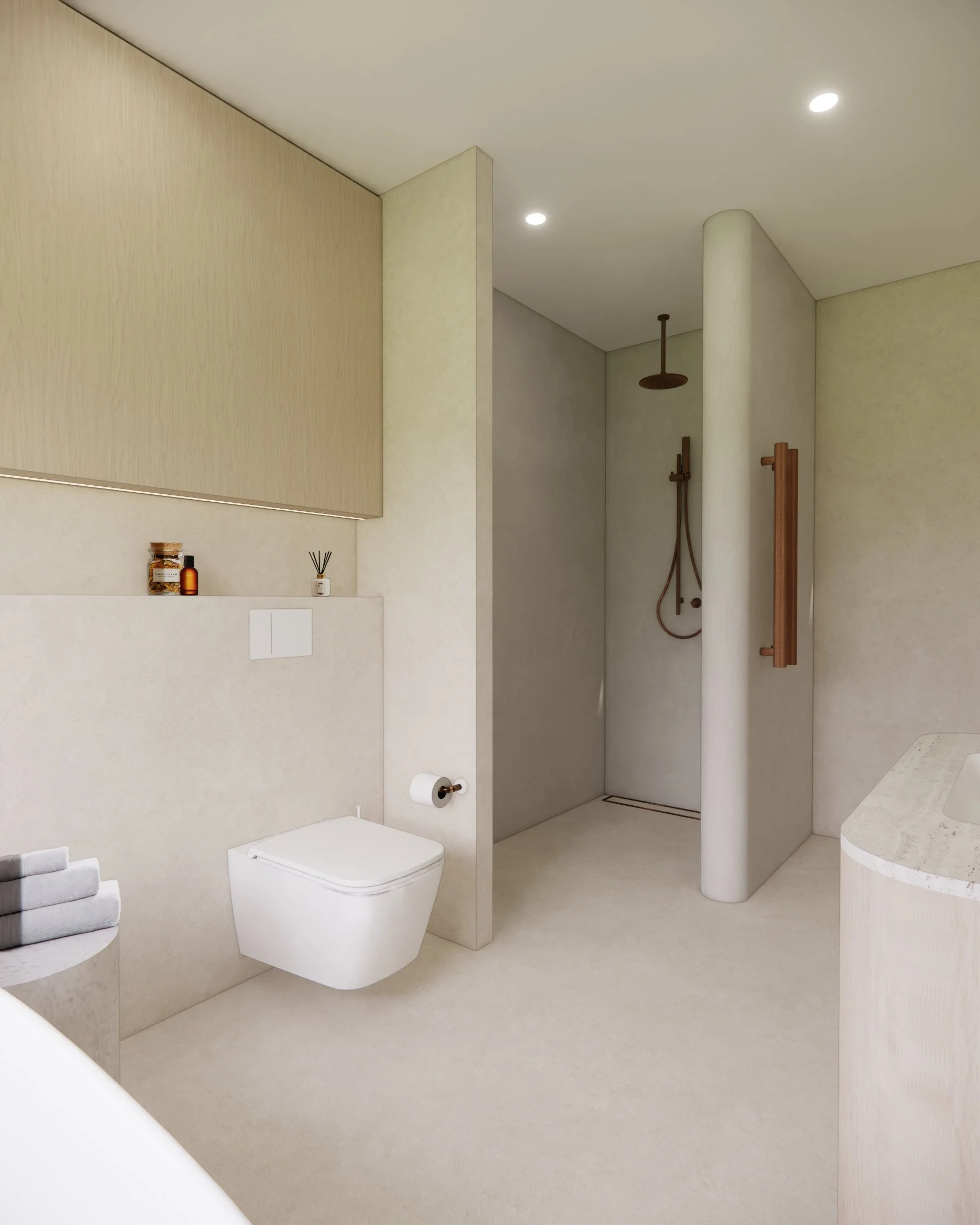 Contemporary main bathroom with freestanding bathtub, curved shower and custom vanity