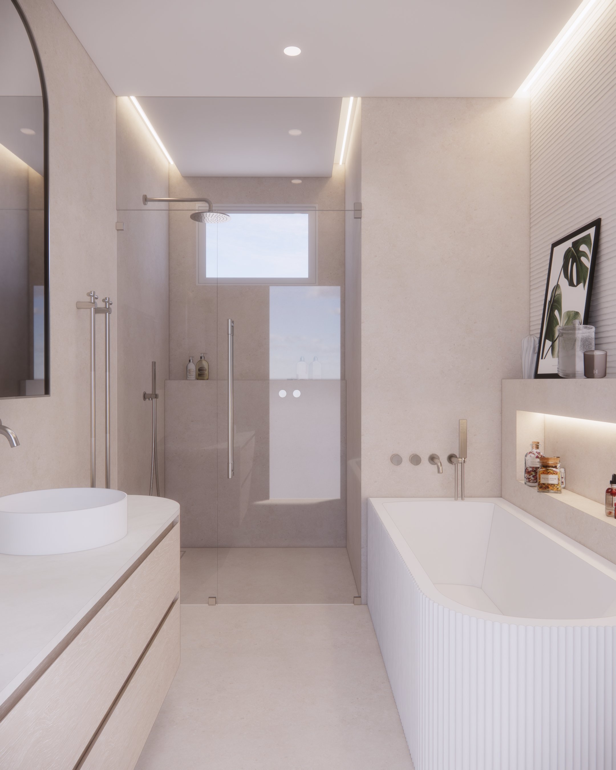 Contemporary kid's bathroom with double vanity, enclosed shower, and bathtub with a niche