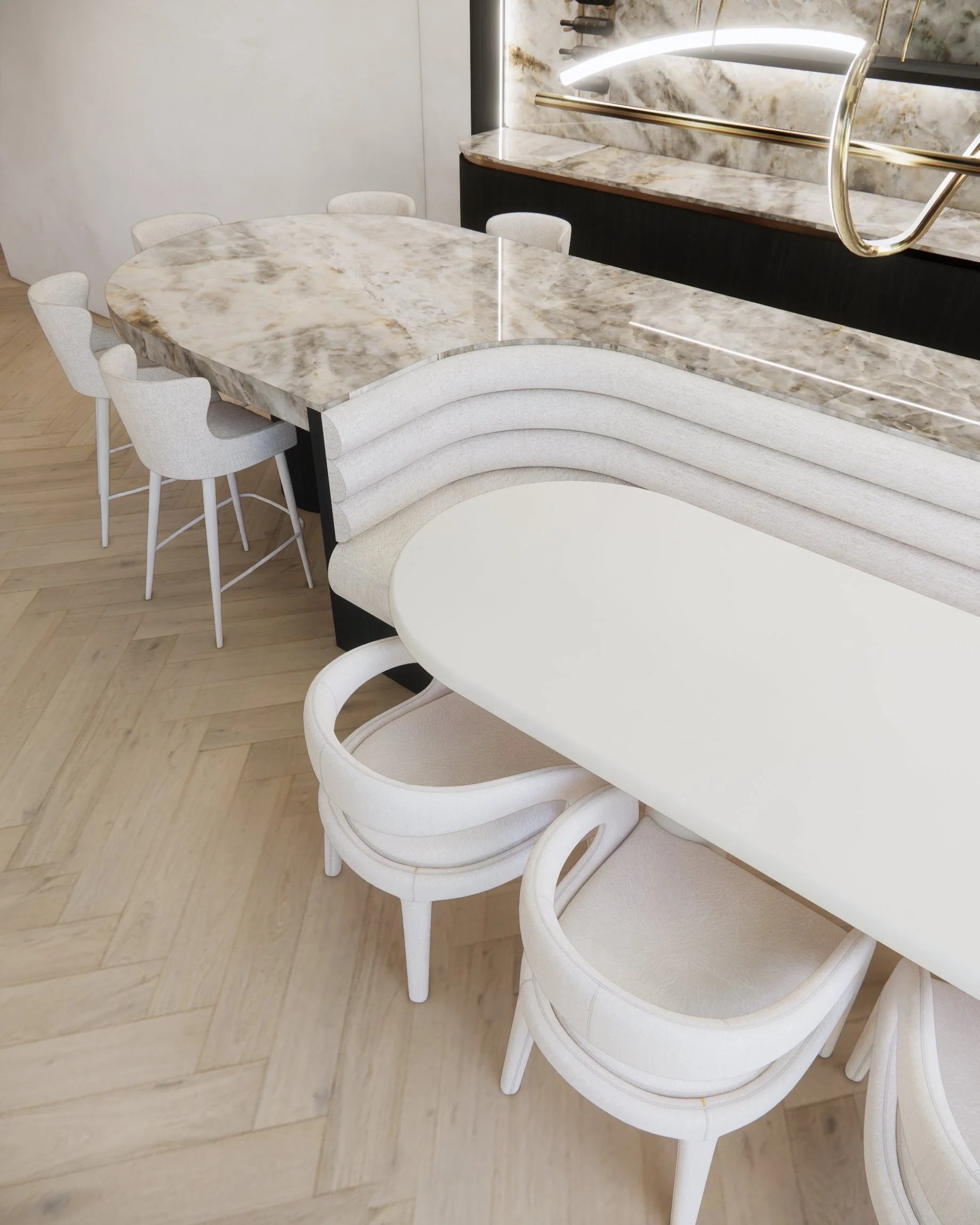 Soft neutral pool house with custom curved backlit bar and island with integrated banquette, modular sofa with fireplace anchored by stone benchseat on the sides, and warm minimal styling designed by TID Studio in Sydney