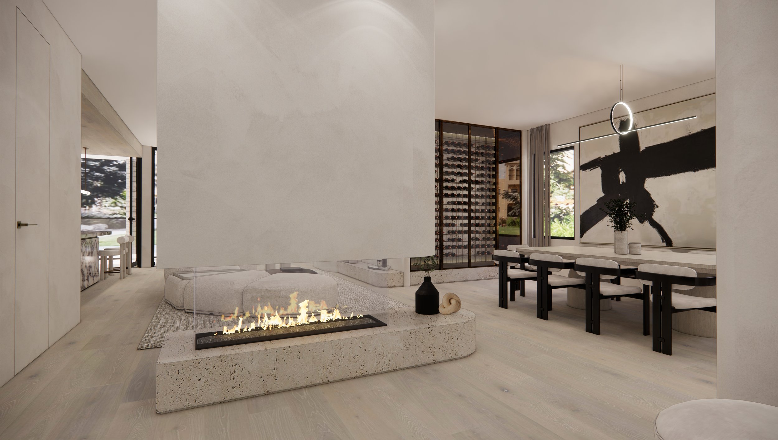 Modern Wabi-Sabi dining room with sculptural wine wall and soft neutral palette