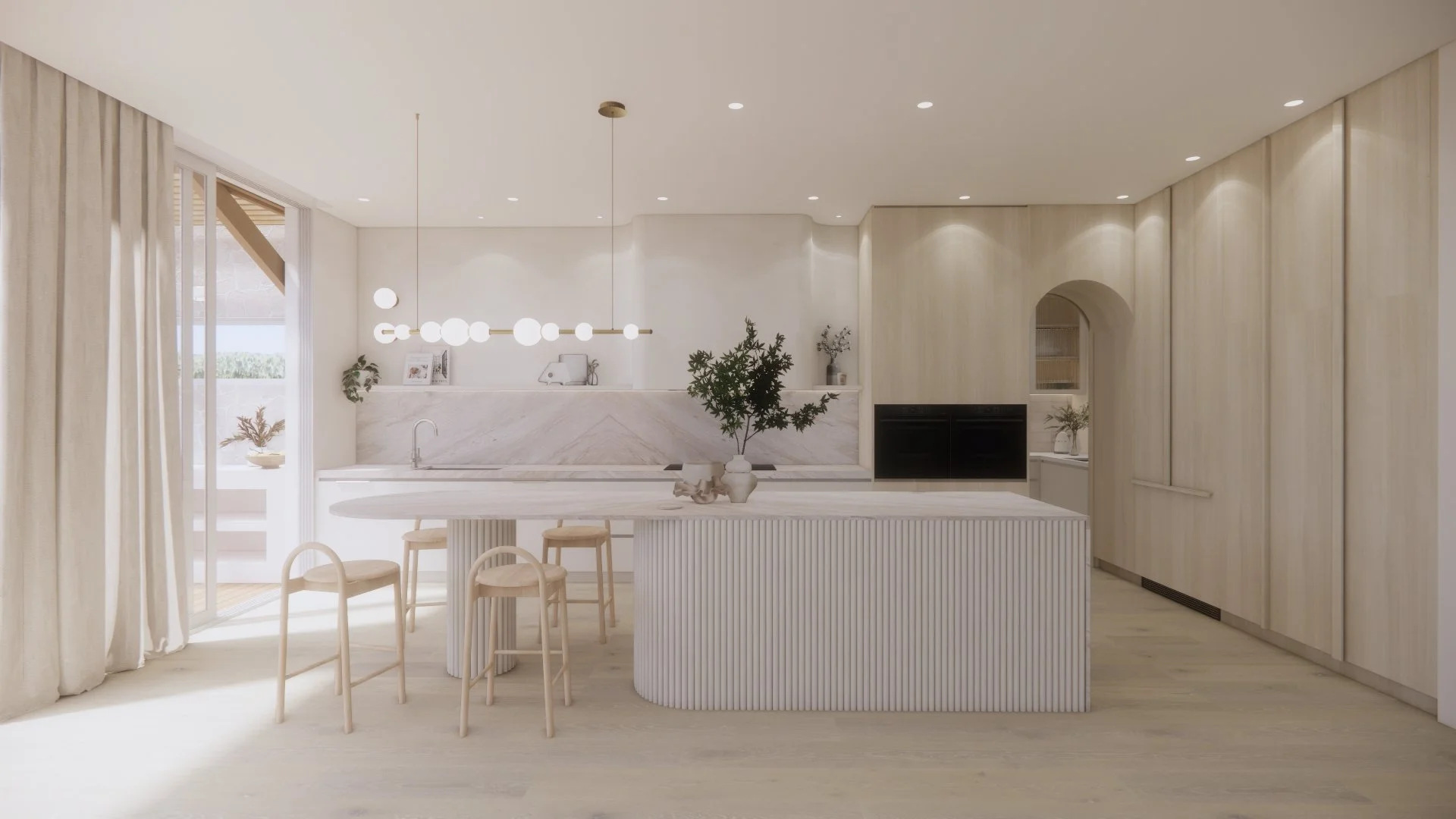 Contemporary soft-curved kitchen with fluted island, light timber cabinetry, and sculptural rangehood in a minimal-luxe Melbourne home.