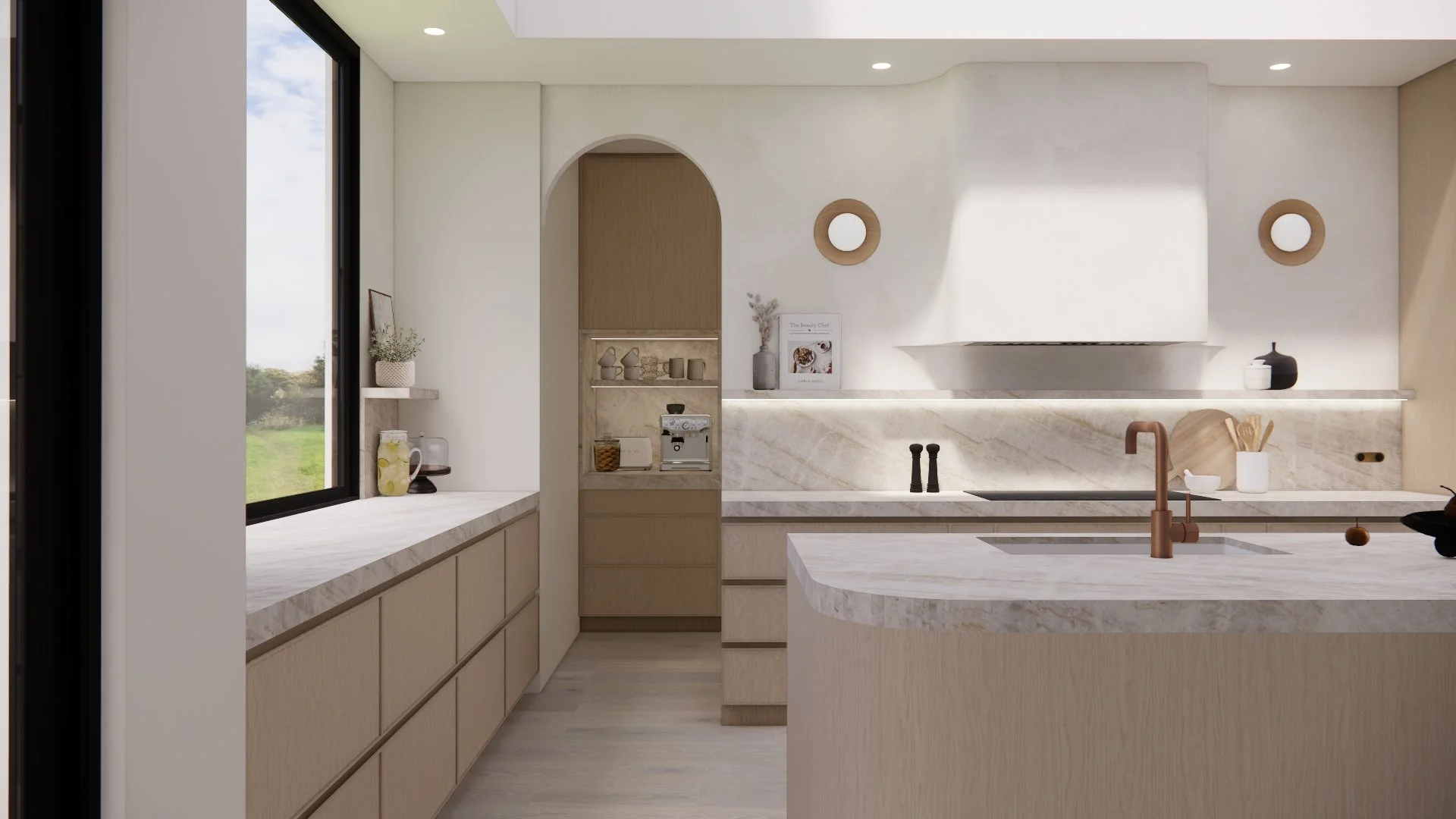 Luxury open-plan kitchen with natural oak cabinetry, stone island and skylight in a contemporary new build