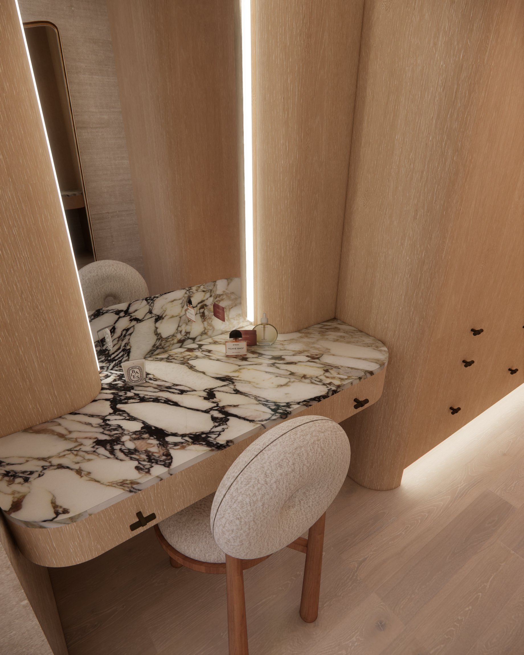 Warm Scandinavian-inspired joinery in Walk-in-Closet with curved cabinetry and marble countertop make-up desk in a contemporary Sydney residence