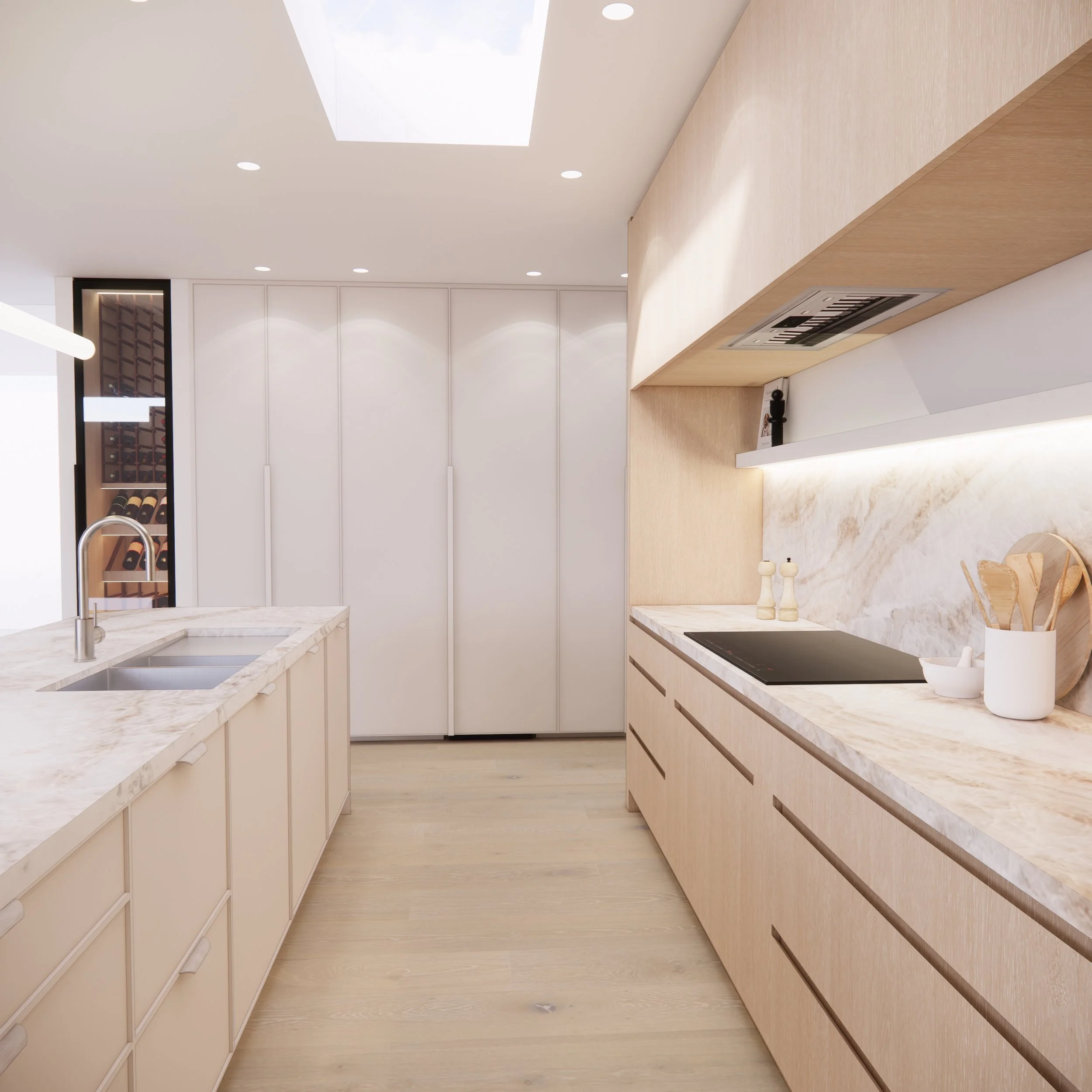 Soft neutral kitchen design featuring a fluted curved island and skylight, part of TID Studio’s Creamstone Escape project