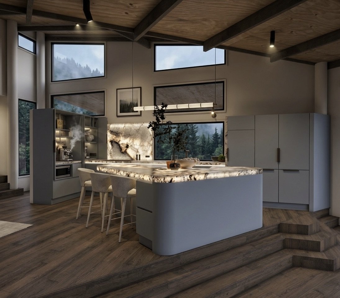 Contemporary timber kitchen with sculpted stone island overlooking mountain views — modern mountain chalet renovation, interior design by TID Studio