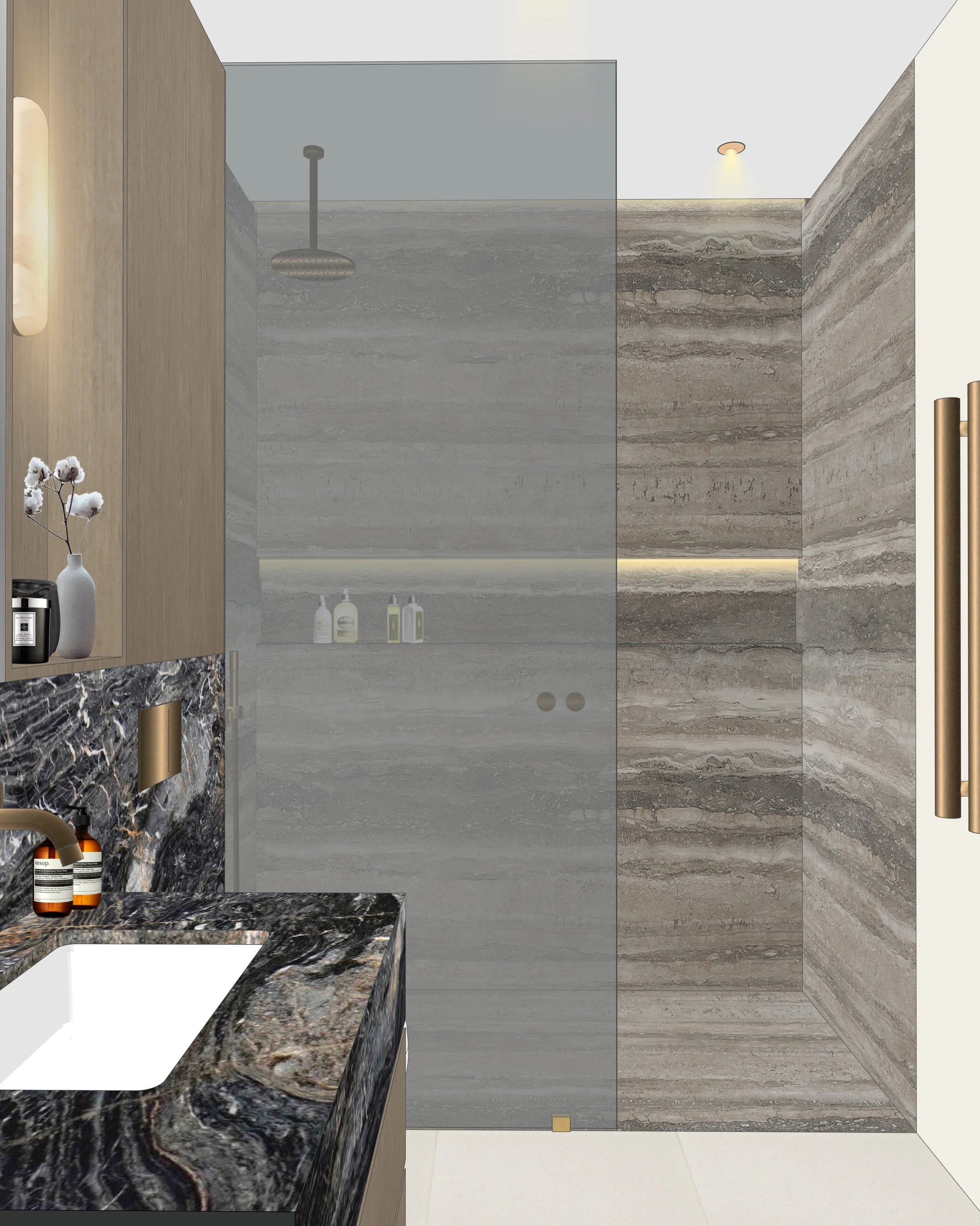 Bathroom with dark marble feature wall, floating vanity, and warm brass accents