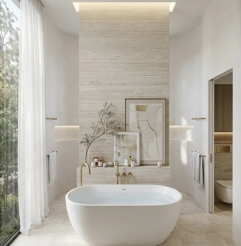 Neutral coastal ensuite with freestanding bath, travertine feature ledge, soft render walls and brushed brass tapware