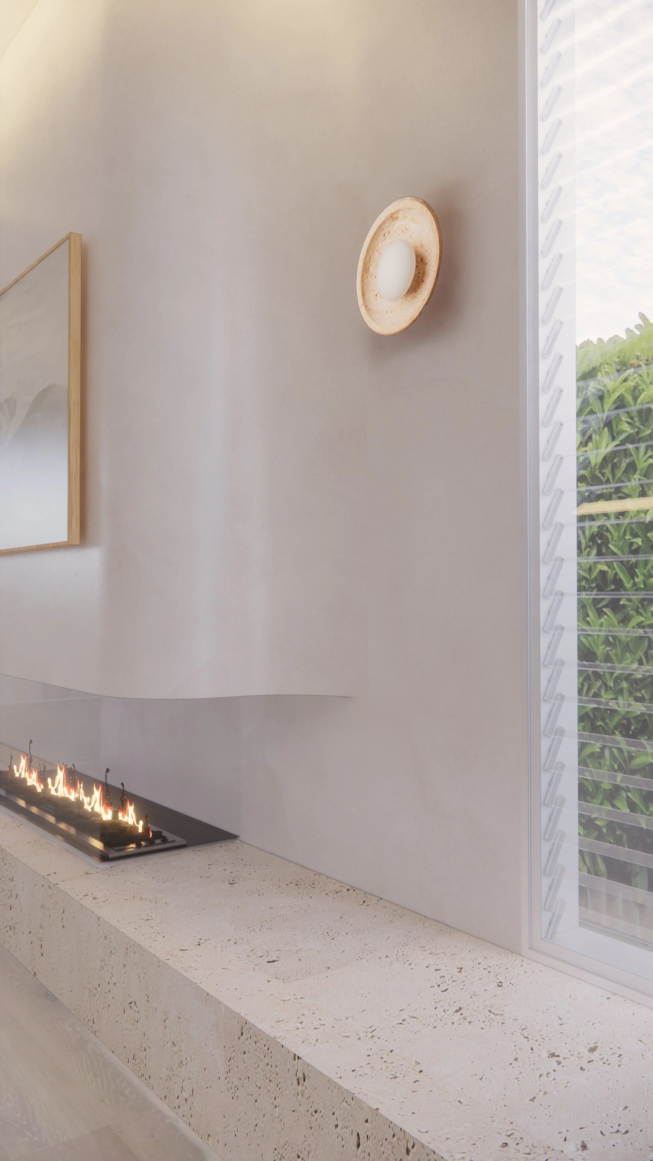 Modern coastal living room with soft plaster walls, light timber flooring and fireplace  — Auriga Residence by TID Studio, Brisbane